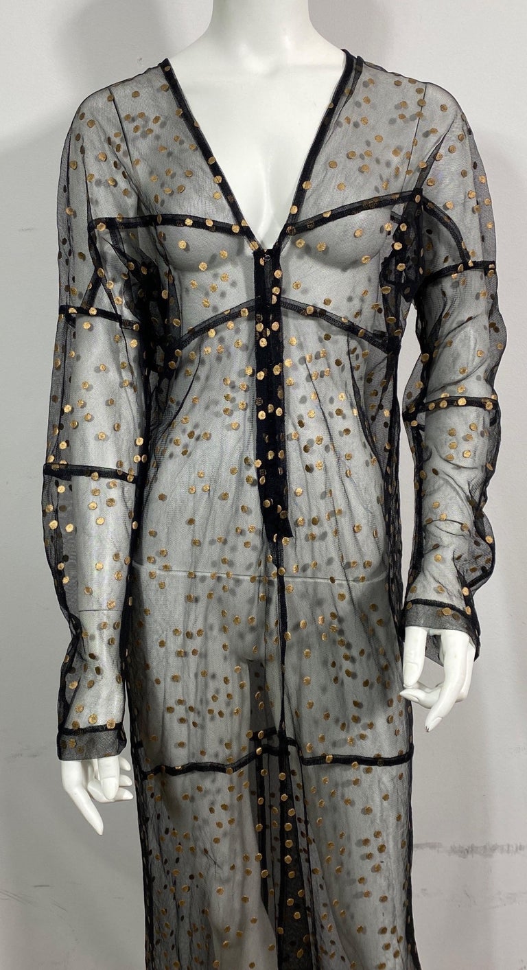 Comme des Garons 2000's Black and Gold Polka Dot Sheer Long Dress-Size  Small For Sale at 1stDibs