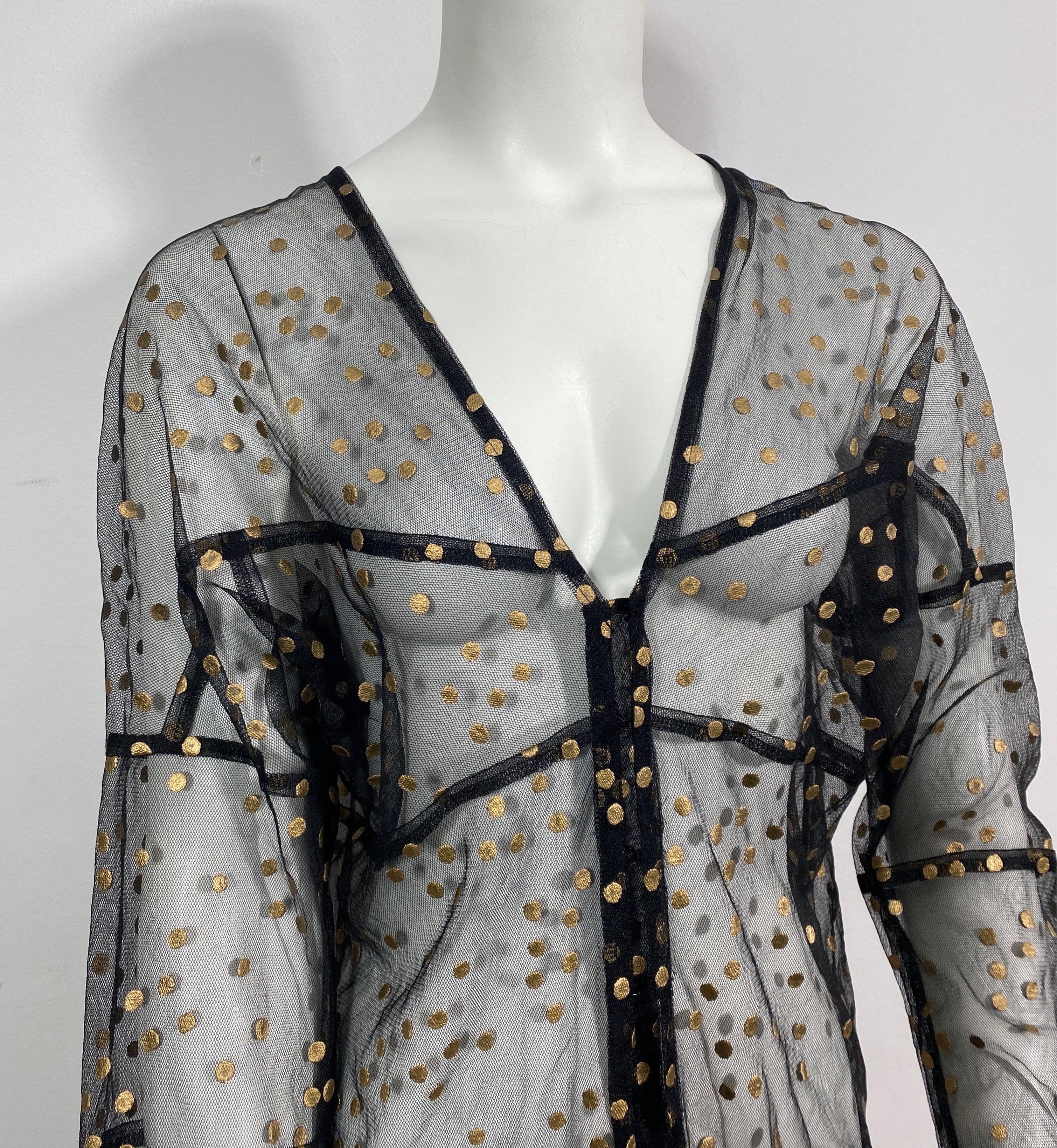 Women's Comme des Garçons 2000’s Black and Gold Polka Dot Sheer Long Dress-Size Small For Sale