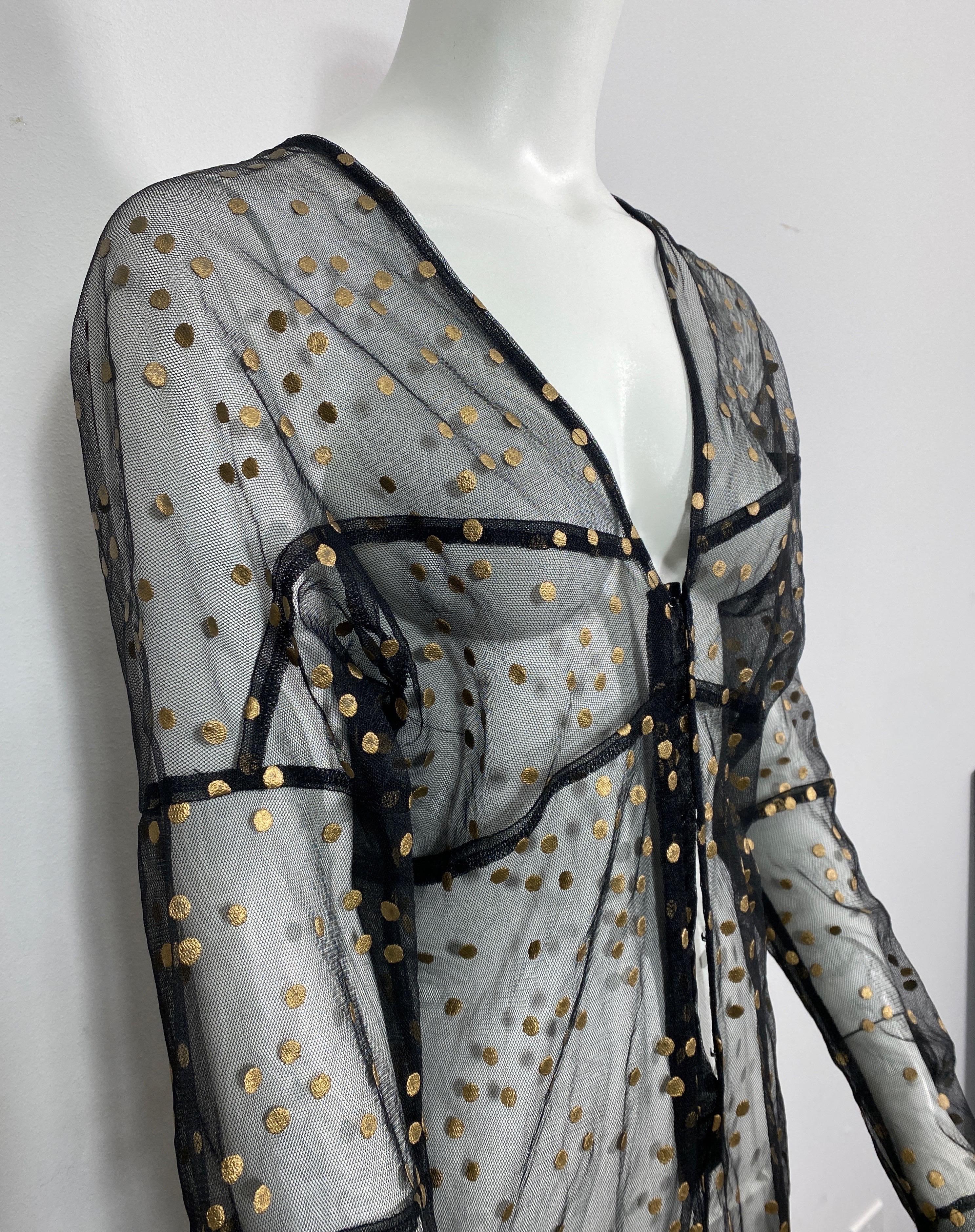 Comme des Garçons 2000’s Black and Gold Polka Dot Sheer Long Dress-Size Small For Sale 1