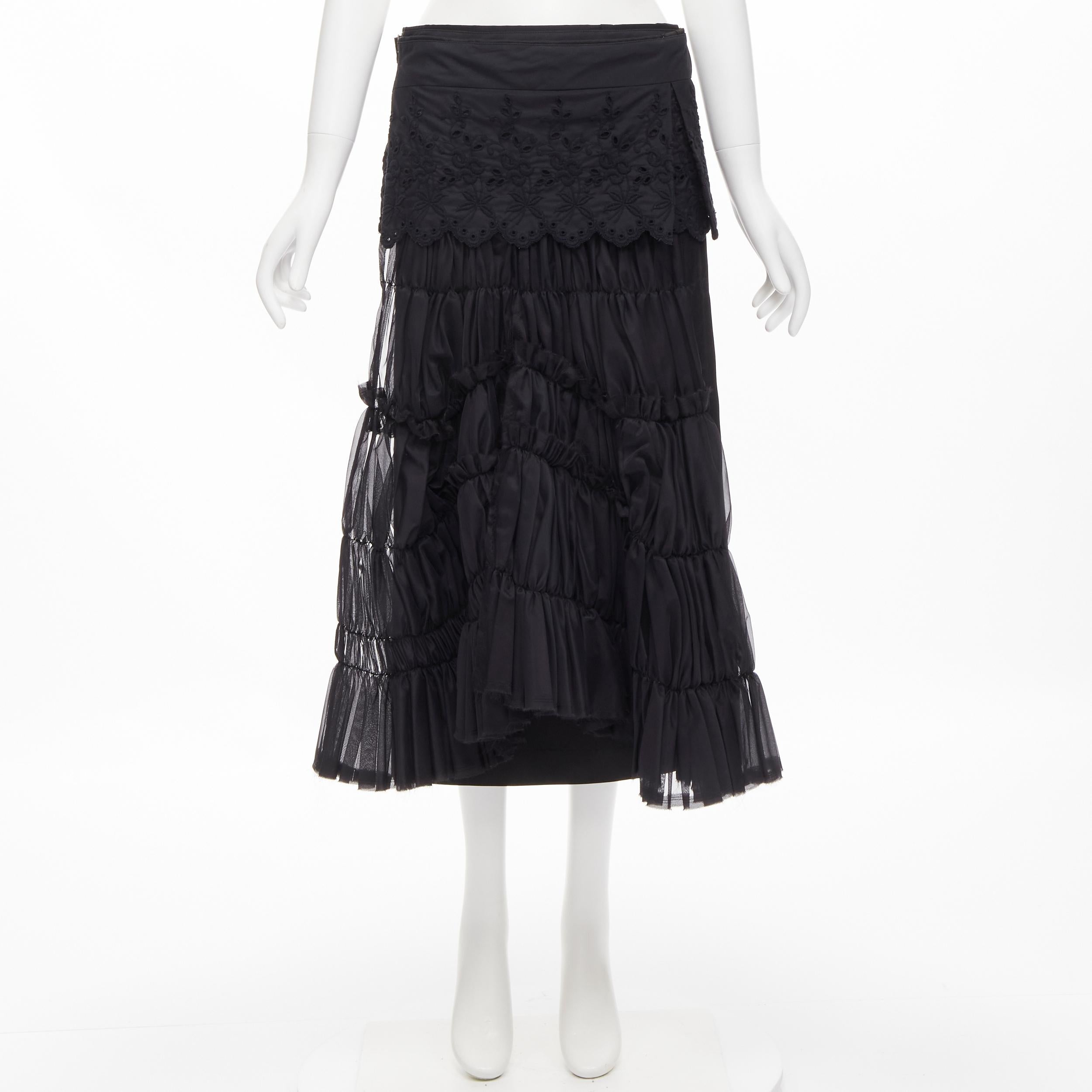 COMME DES GARCONS 2001 black floral embroidery anglais shirred pleated skirt S For Sale 5