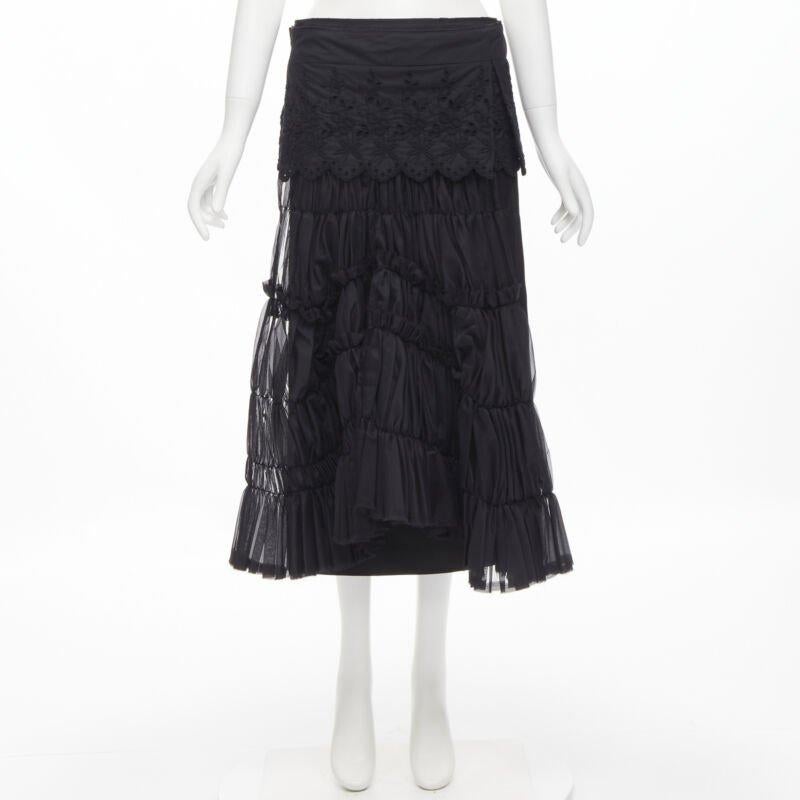COMME DES GARCONS 2001 black floral embroidery anglais shirred pleated skirt S 6