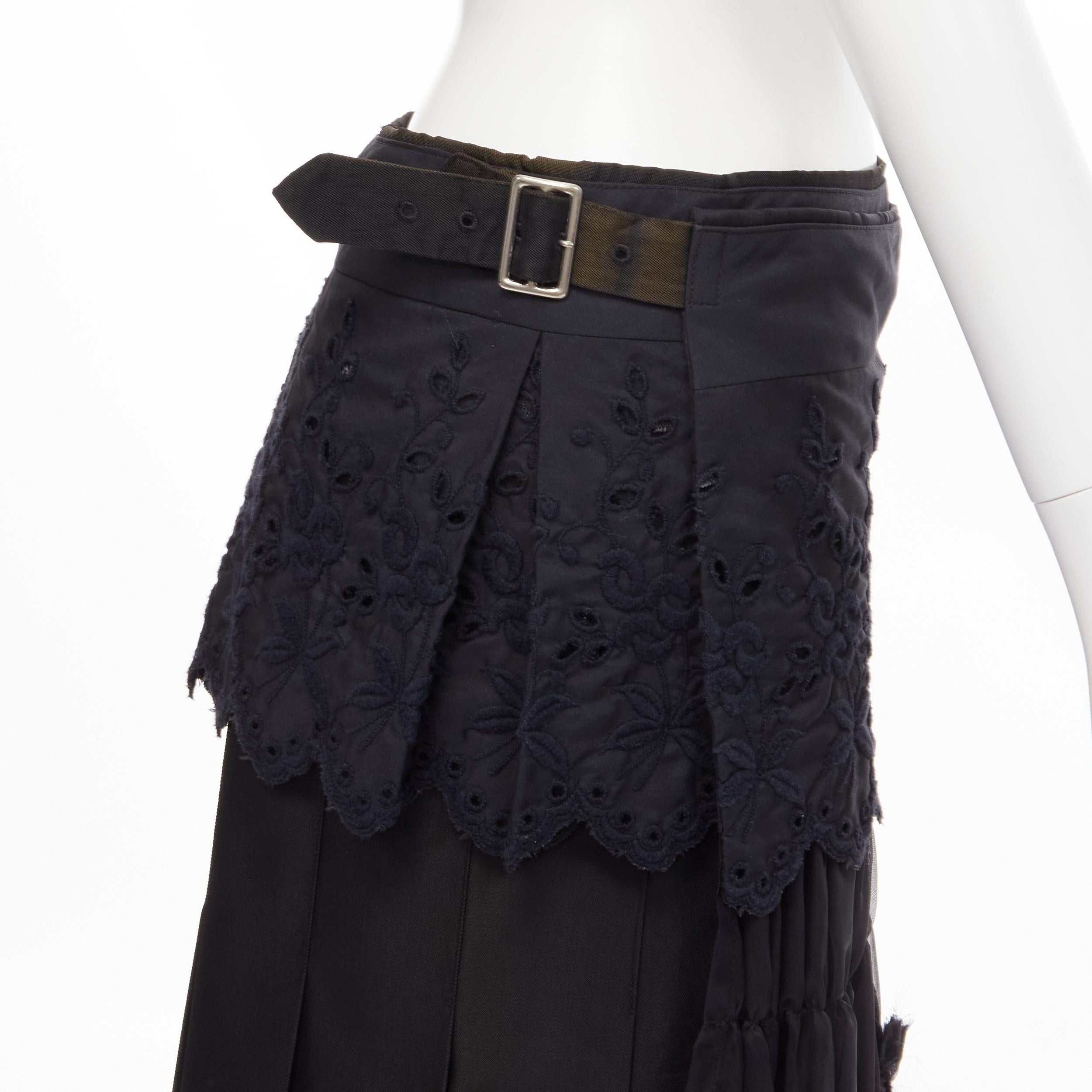 COMME DES GARCONS 2001 black floral embroidery anglais shirred pleated skirt S 
Reference: CRTI/A00350 
Brand: Comme Des Garcons 
Designer: Rei Kawakubo 
Collection: 2001 
Material: Acetate 
Color: Black 
Pattern: Solid 
Closure: Buckle 
Extra