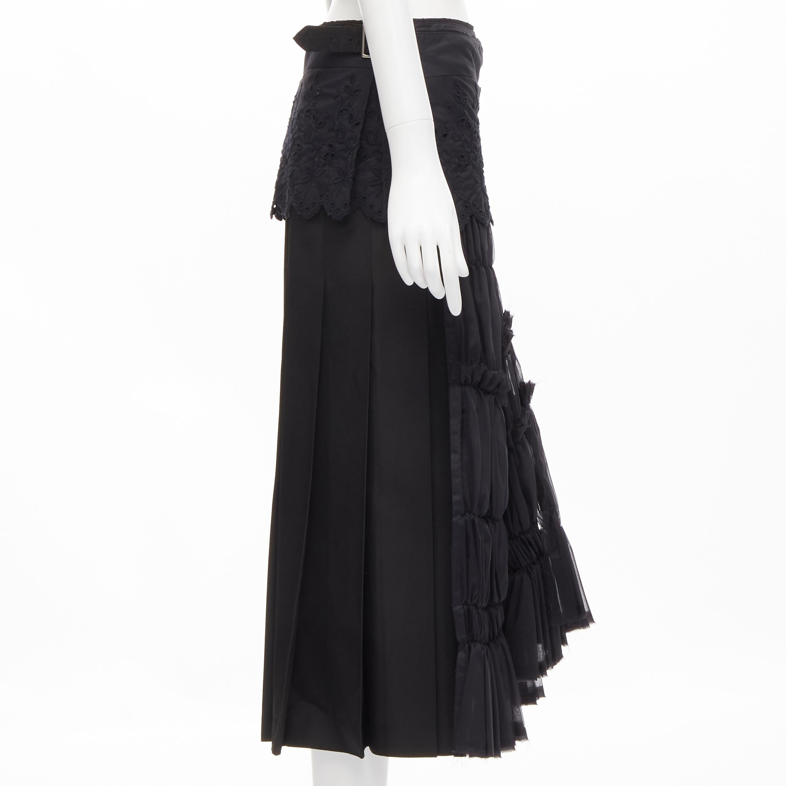 Black COMME DES GARCONS 2001 black floral embroidery anglais shirred pleated skirt S For Sale