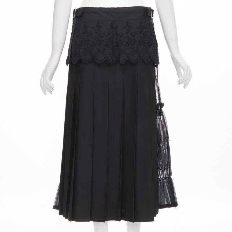 Women's COMME DES GARCONS 2001 black floral embroidery anglais shirred pleated skirt S