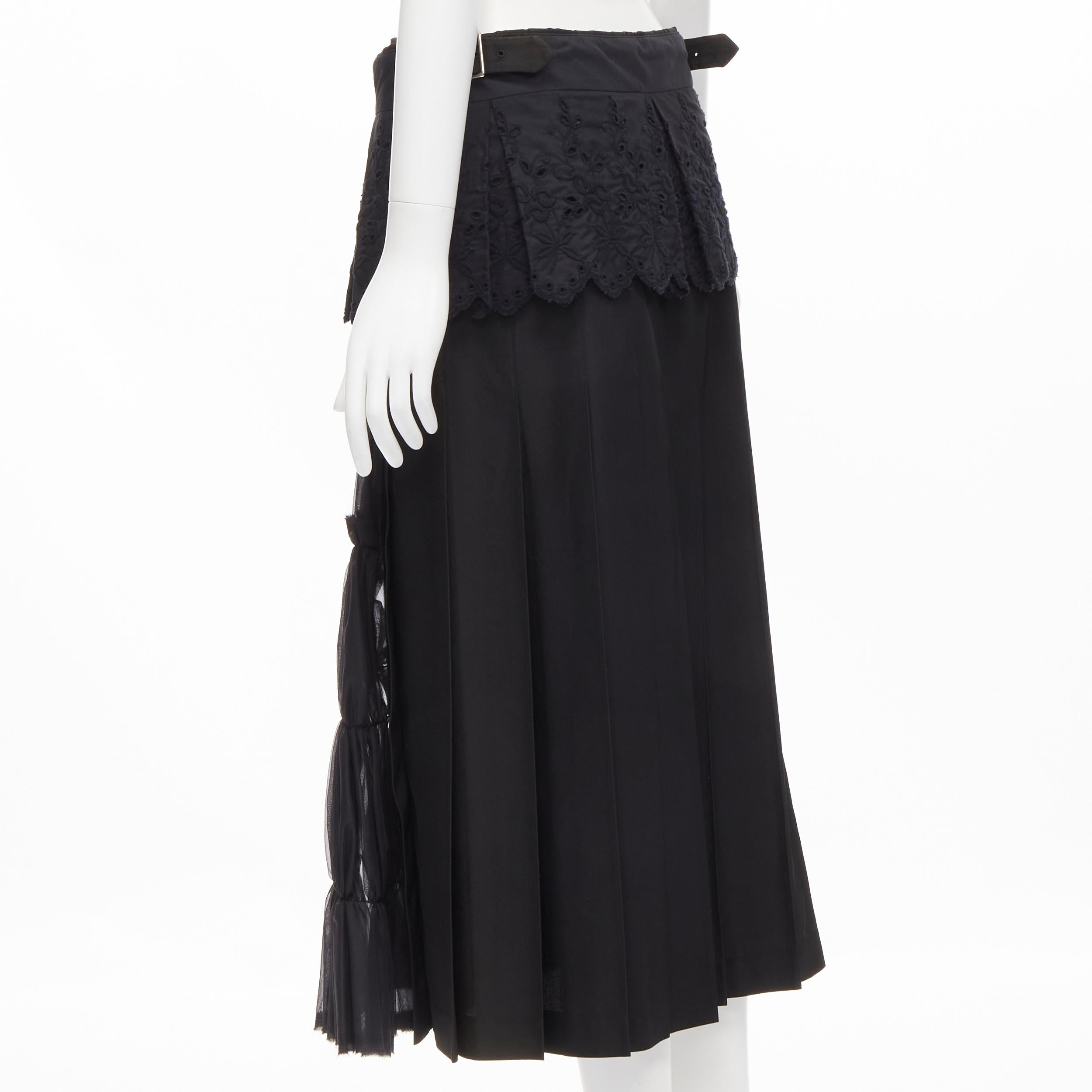 Women's COMME DES GARCONS 2001 black floral embroidery anglais shirred pleated skirt S For Sale