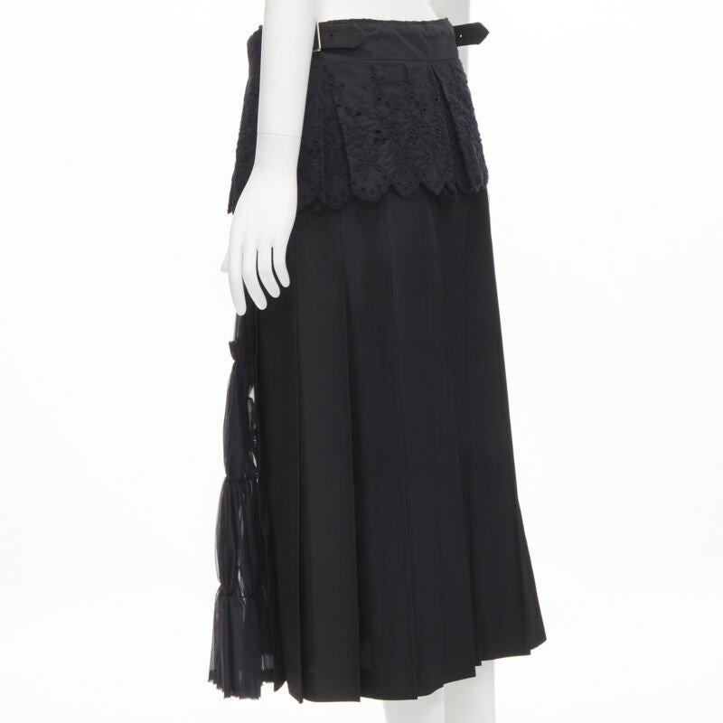 COMME DES GARCONS 2001 black floral embroidery anglais shirred pleated skirt S 1