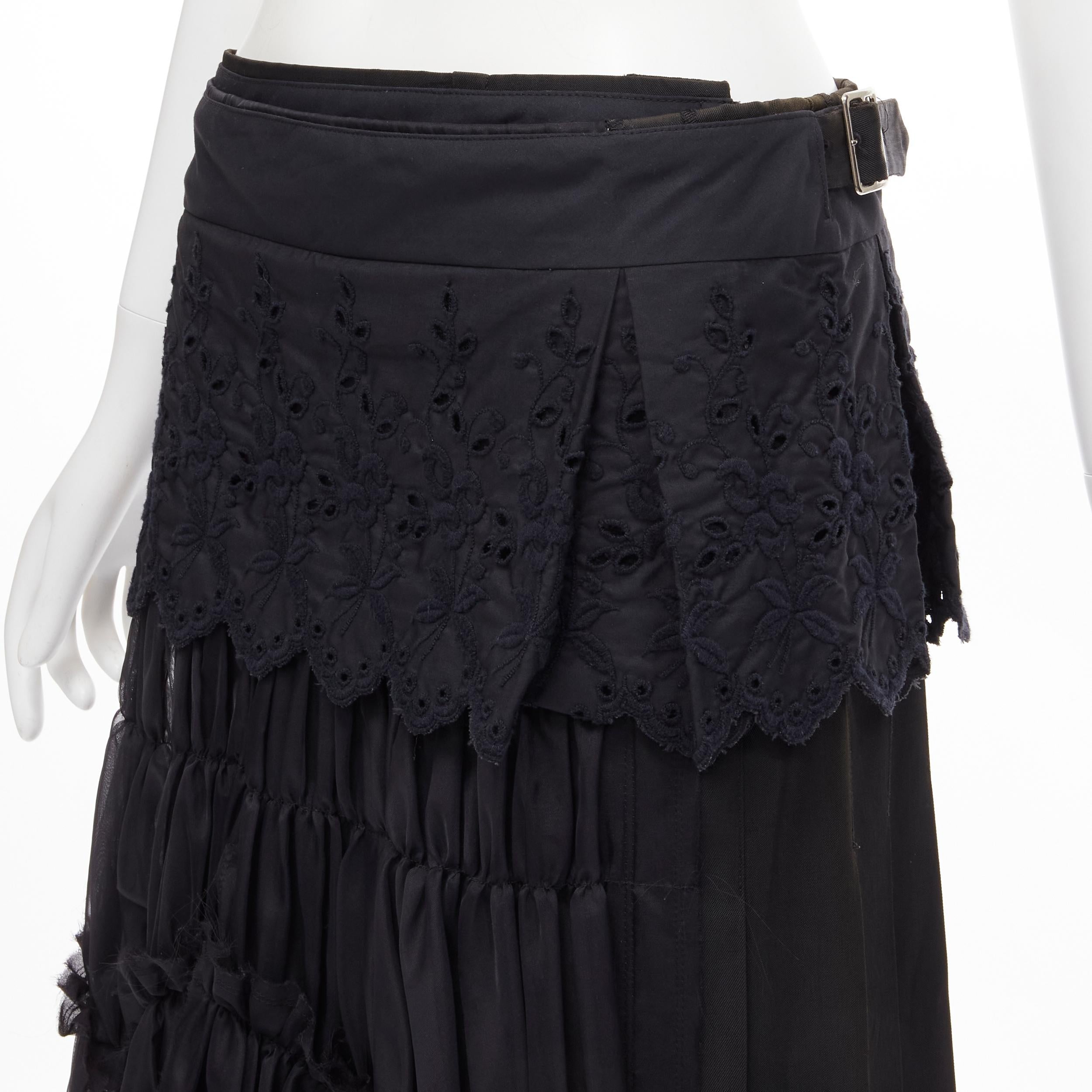 COMME DES GARCONS 2001 black floral embroidery anglais shirred pleated skirt S For Sale 1