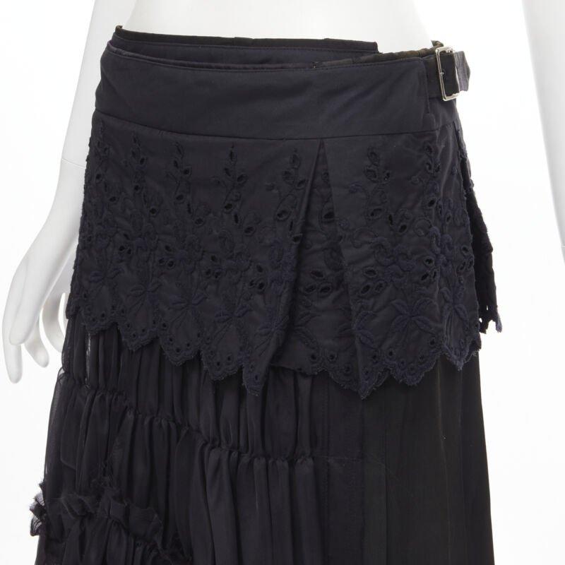 COMME DES GARCONS 2001 black floral embroidery anglais shirred pleated skirt S 2