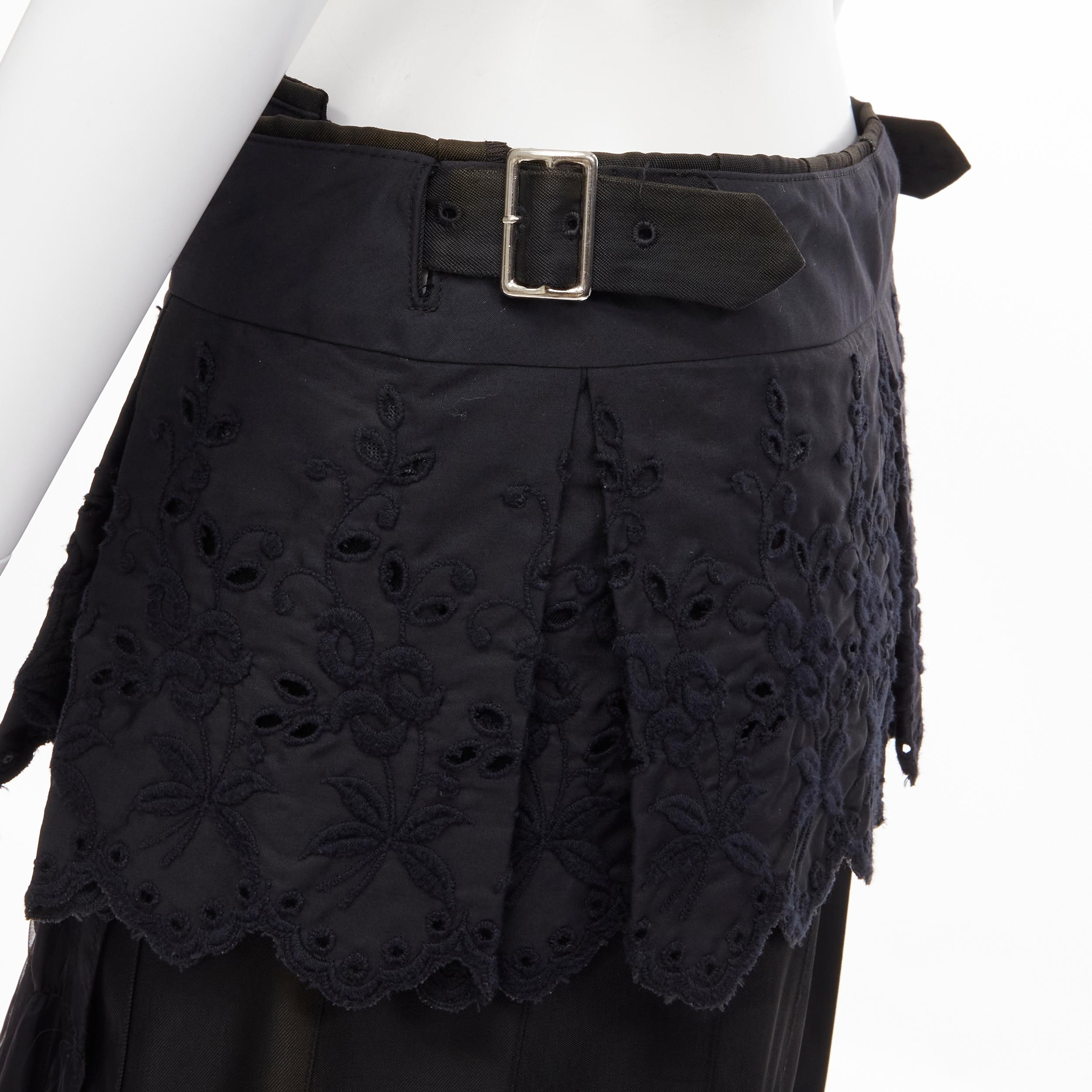 COMME DES GARCONS 2001 black floral embroidery anglais shirred pleated skirt S For Sale 3