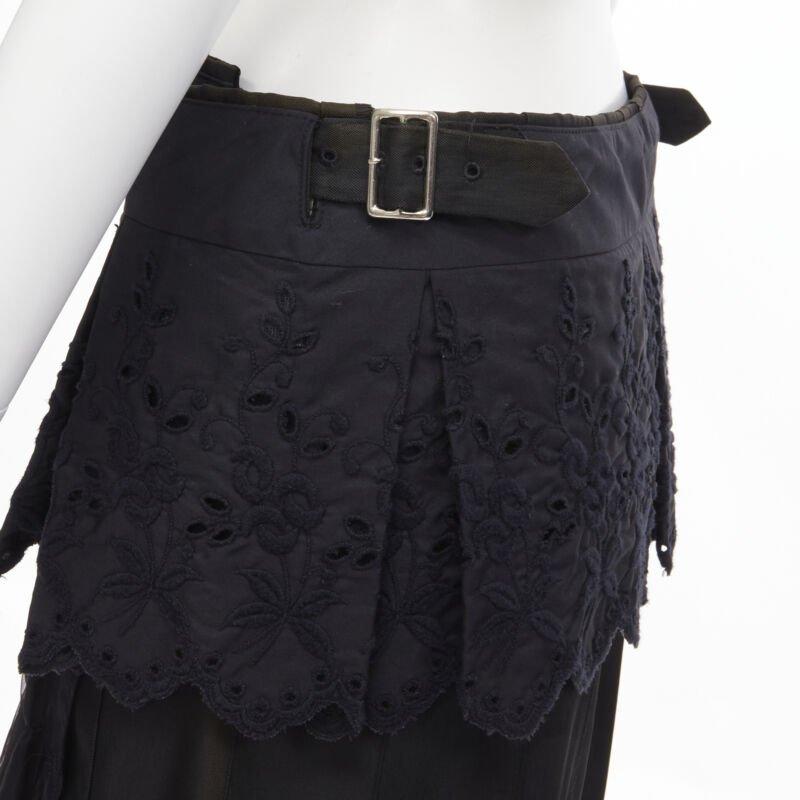 COMME DES GARCONS 2001 black floral embroidery anglais shirred pleated skirt S 4