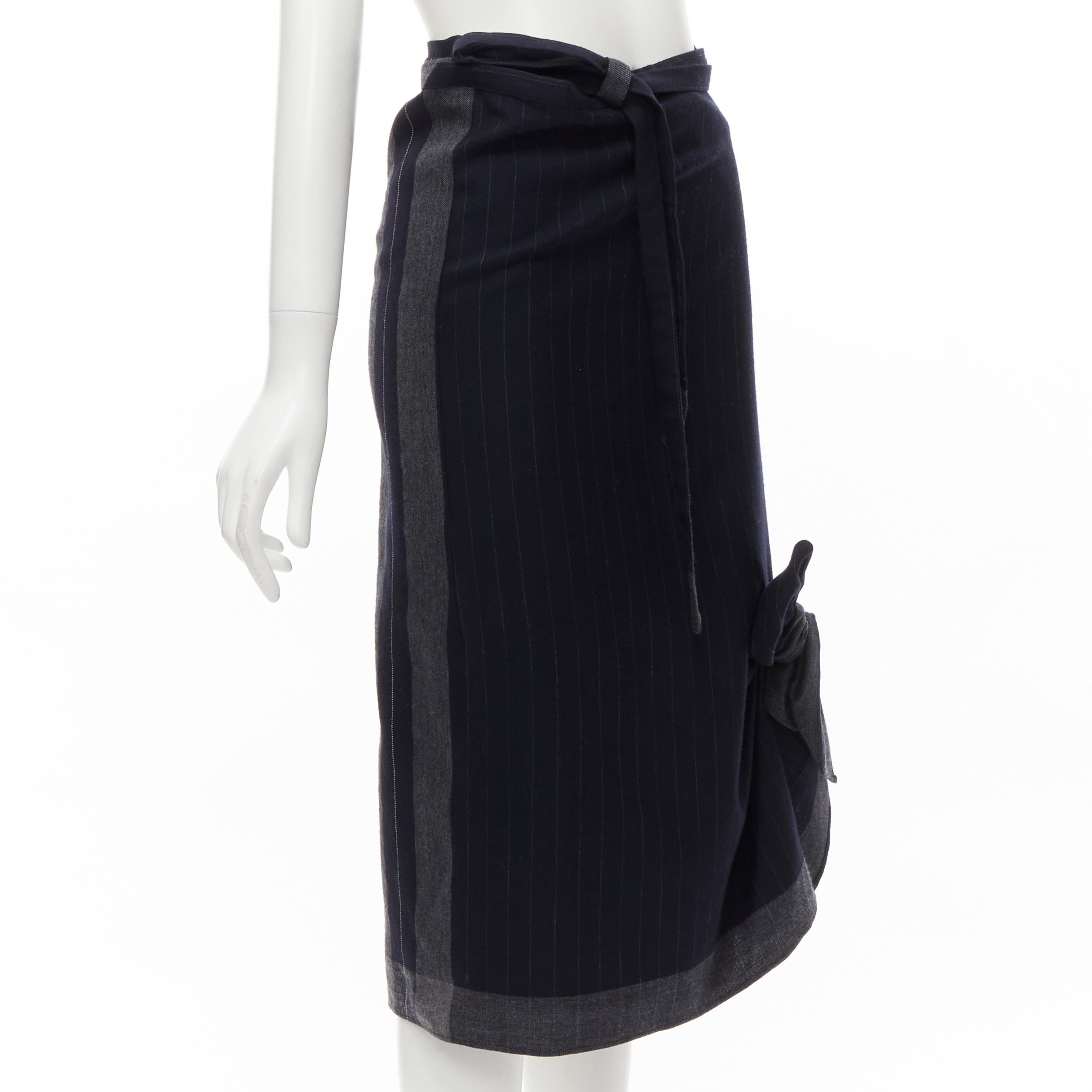 Black COMME DES GARCONS 2003 100% wool black pinstripe plaid bow wrap kilt skirt For Sale