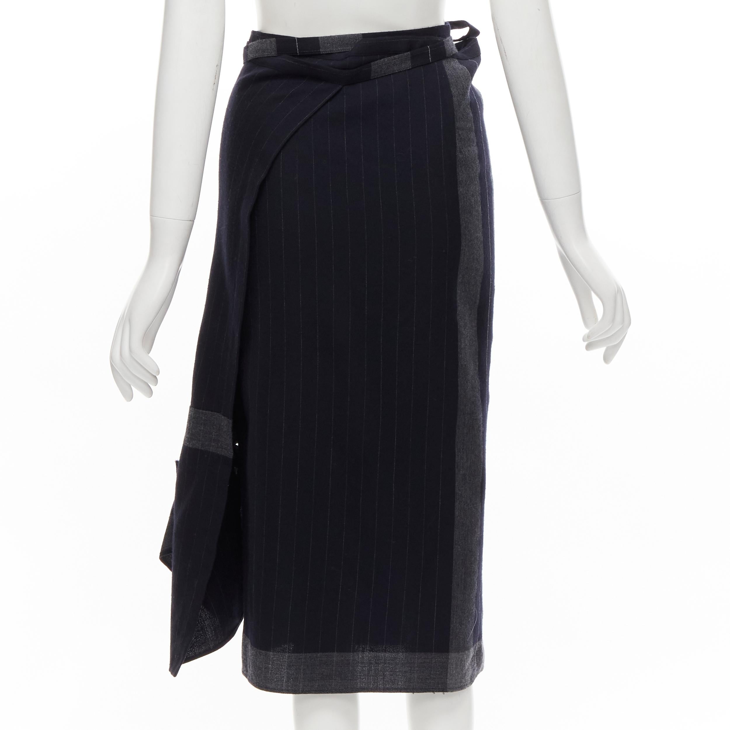 Women's COMME DES GARCONS 2003 100% wool black pinstripe plaid bow wrap kilt skirt For Sale