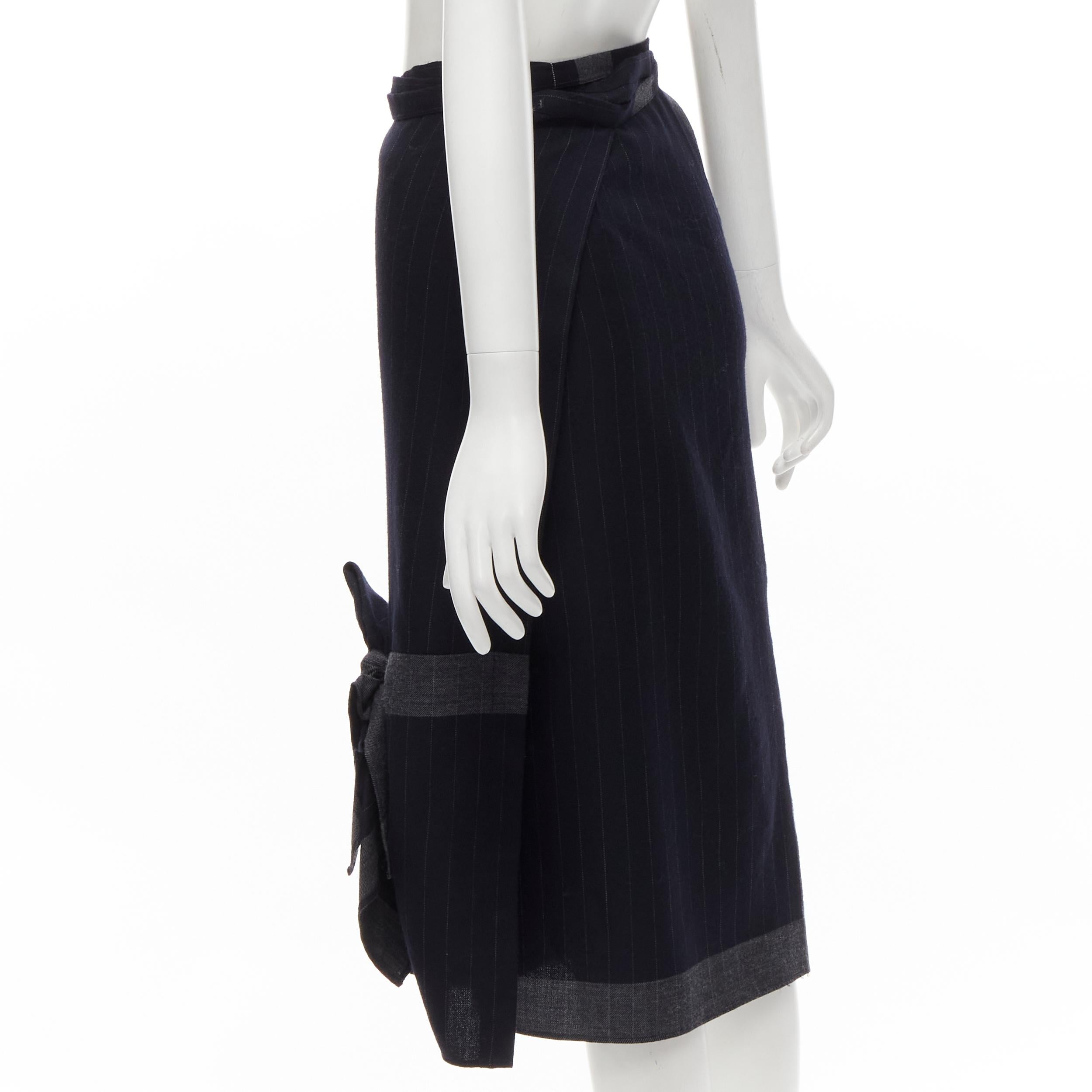 COMME DES GARCONS 2003 100% wool black pinstripe plaid bow wrap kilt skirt For Sale 1