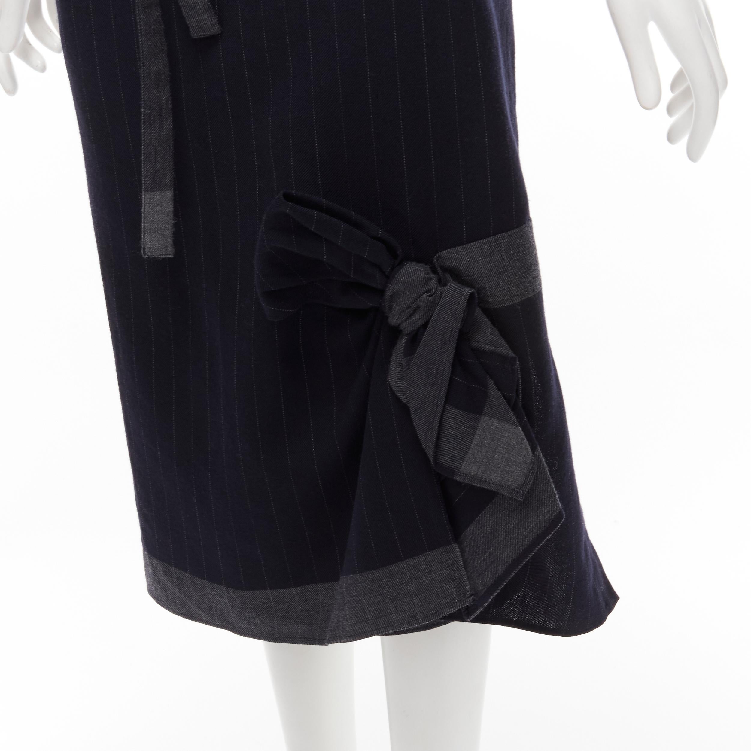 COMME DES GARCONS 2003 100% wool black pinstripe plaid bow wrap kilt skirt For Sale 2