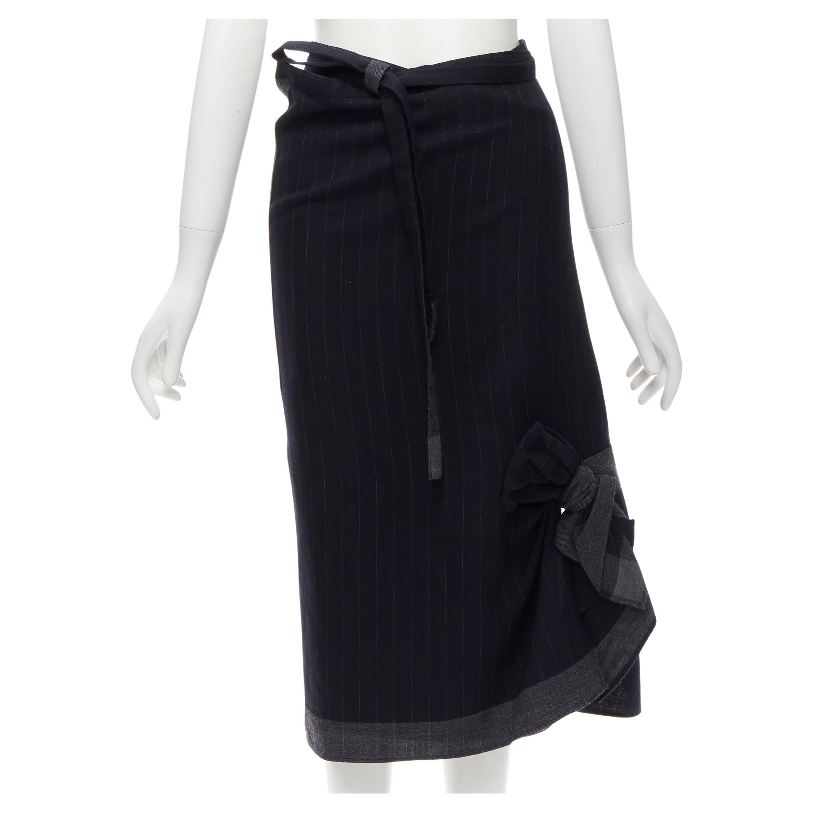 COMME DES GARCONS 2003 100% wool black pinstripe plaid bow wrap kilt skirt For Sale