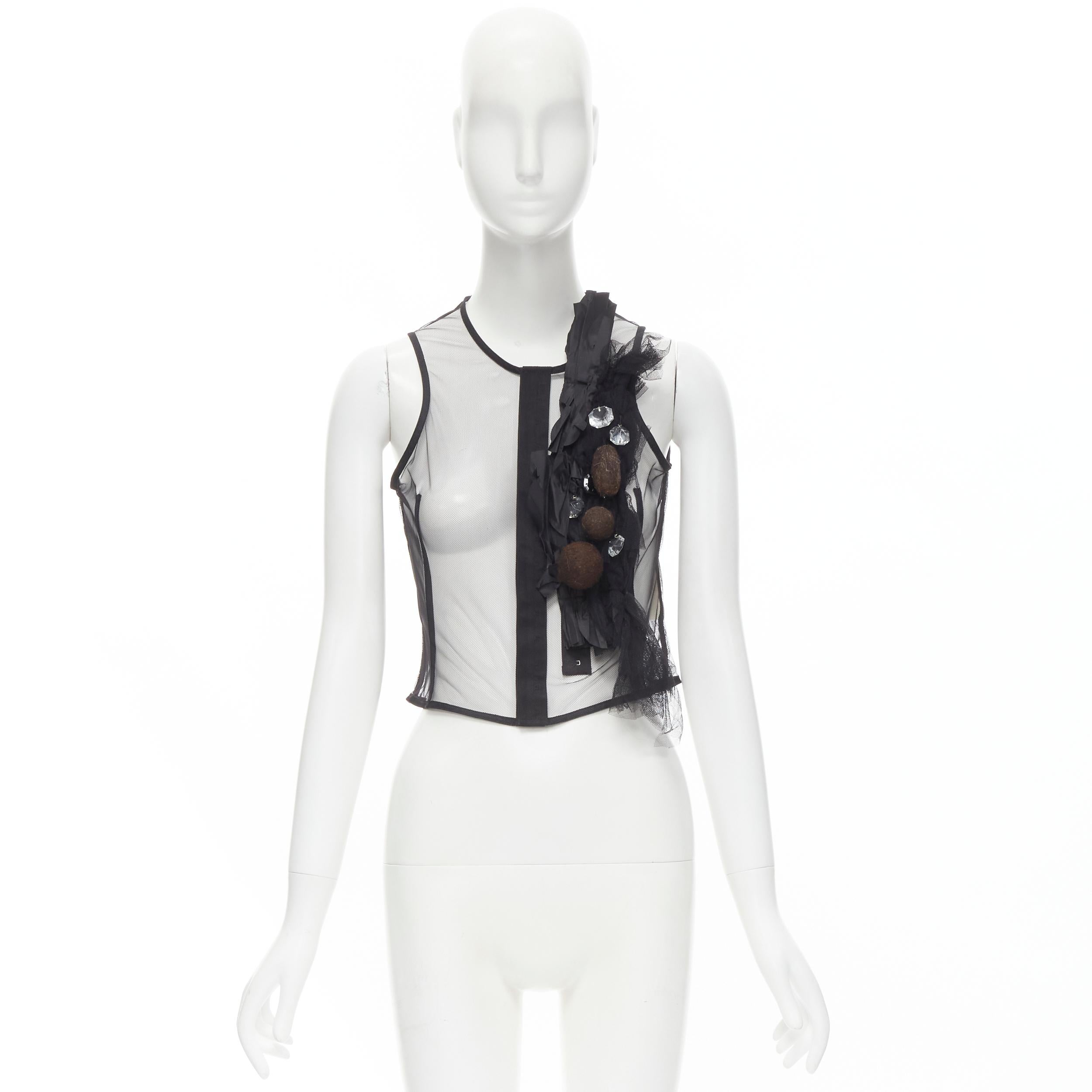 COMME DES GARCONS 2004 black sheer net mesh jewel embellishment ruffle vest S For Sale 3