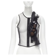 COMME DES GARCONS 2004 black sheer net mesh jewel embellishment ruffle vest S