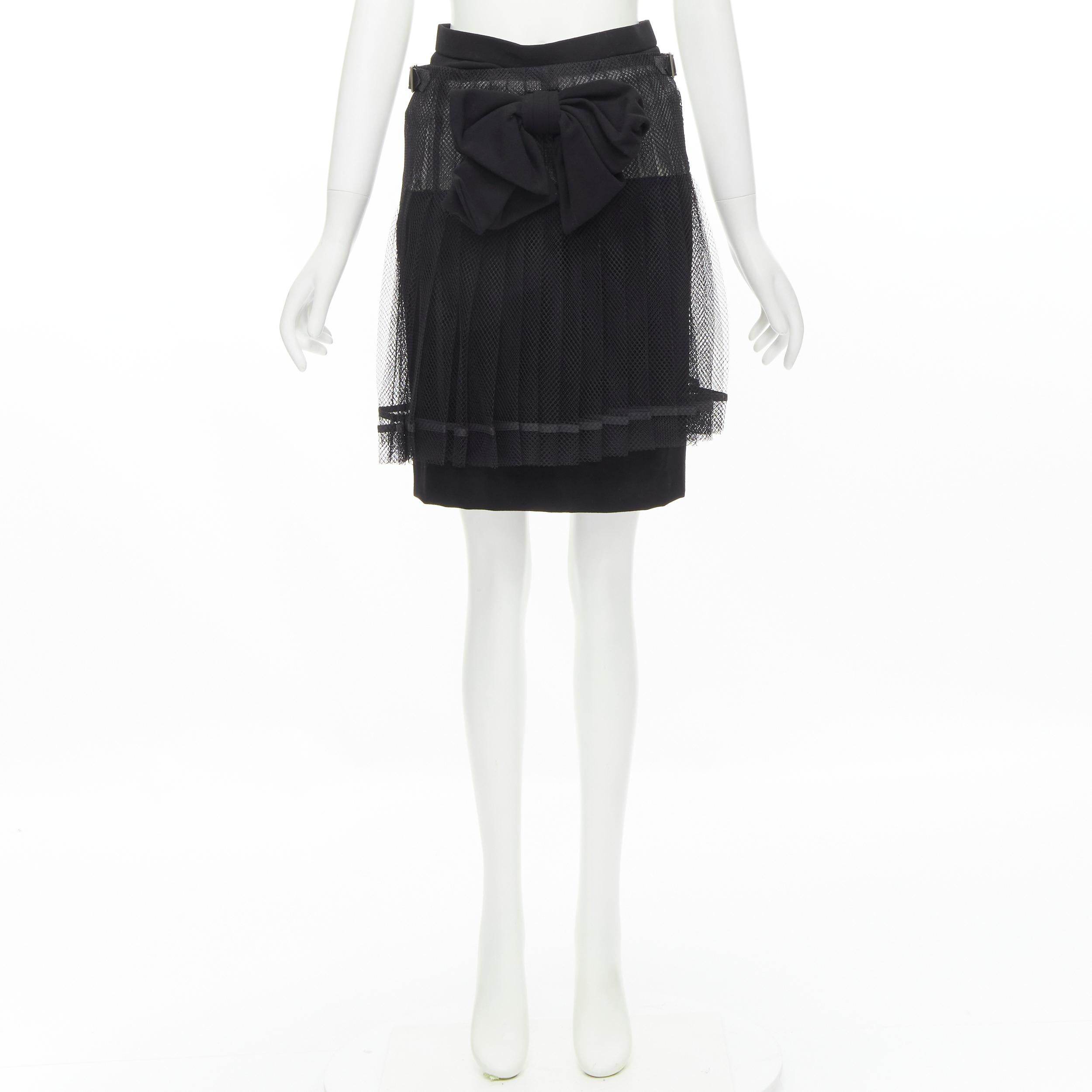COMME DES GARCONS 2004 black XL bow buckle layered pleated net mesh skirt M For Sale 5
