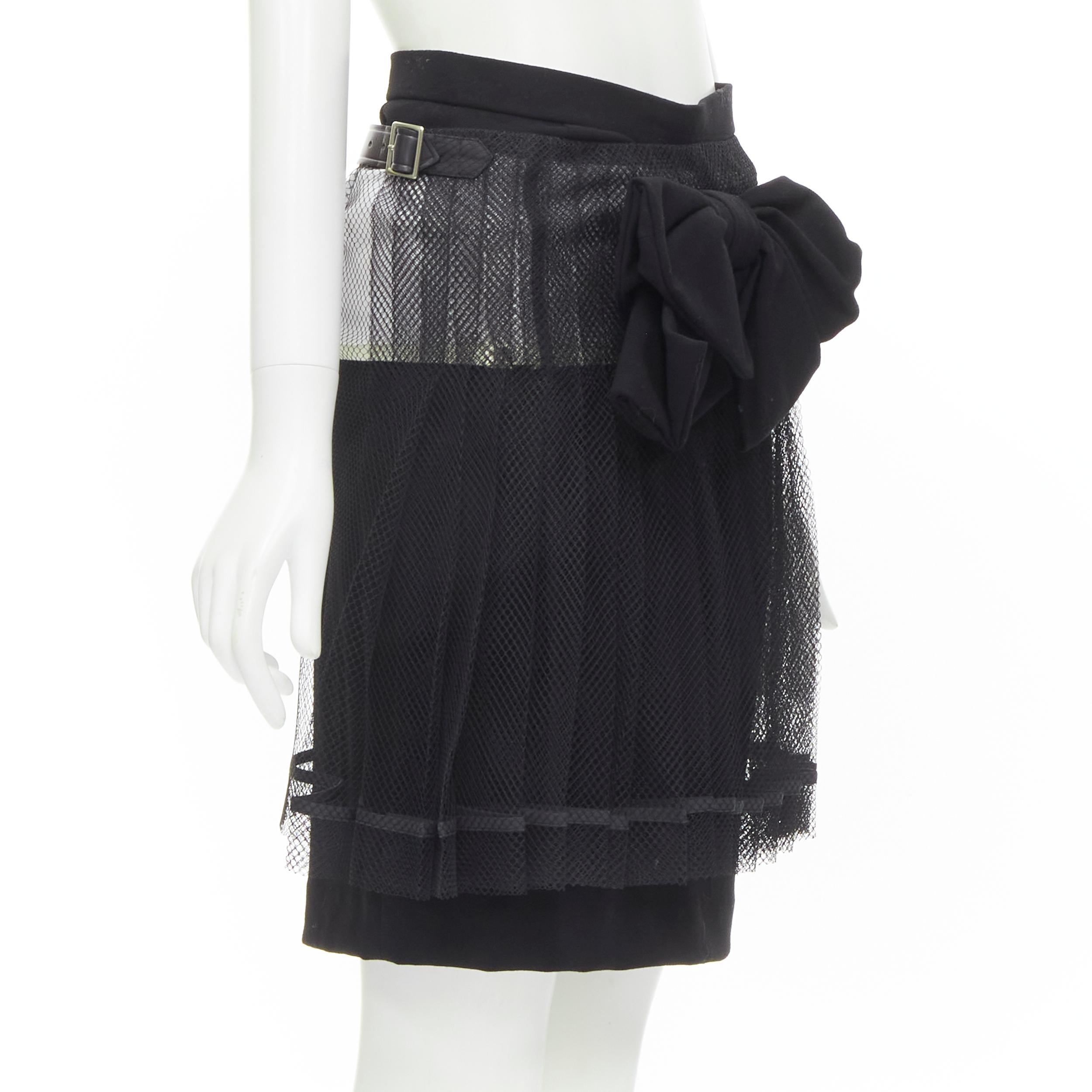 Black COMME DES GARCONS 2004 black XL bow buckle layered pleated net mesh skirt M For Sale