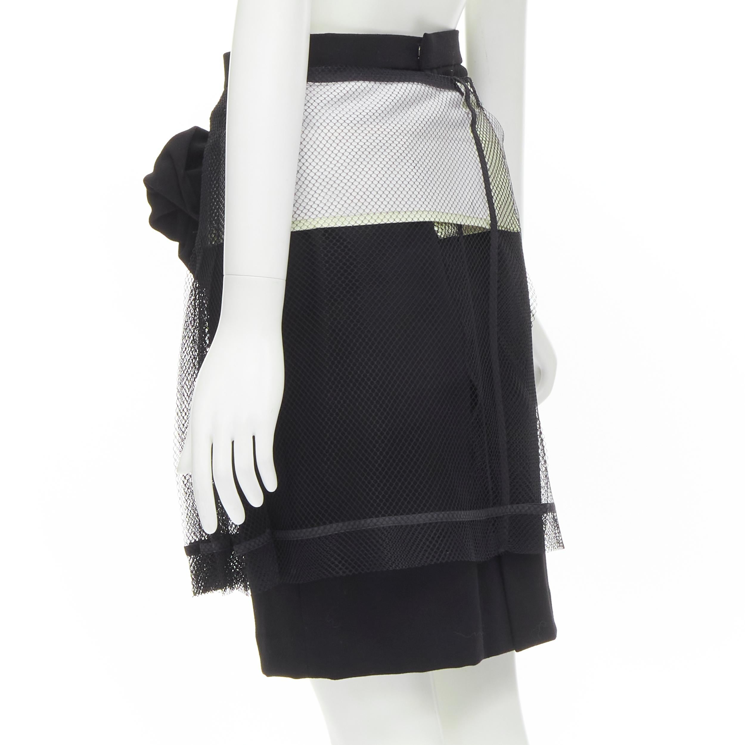 COMME DES GARCONS 2004 black XL bow buckle layered pleated net mesh skirt M For Sale 1