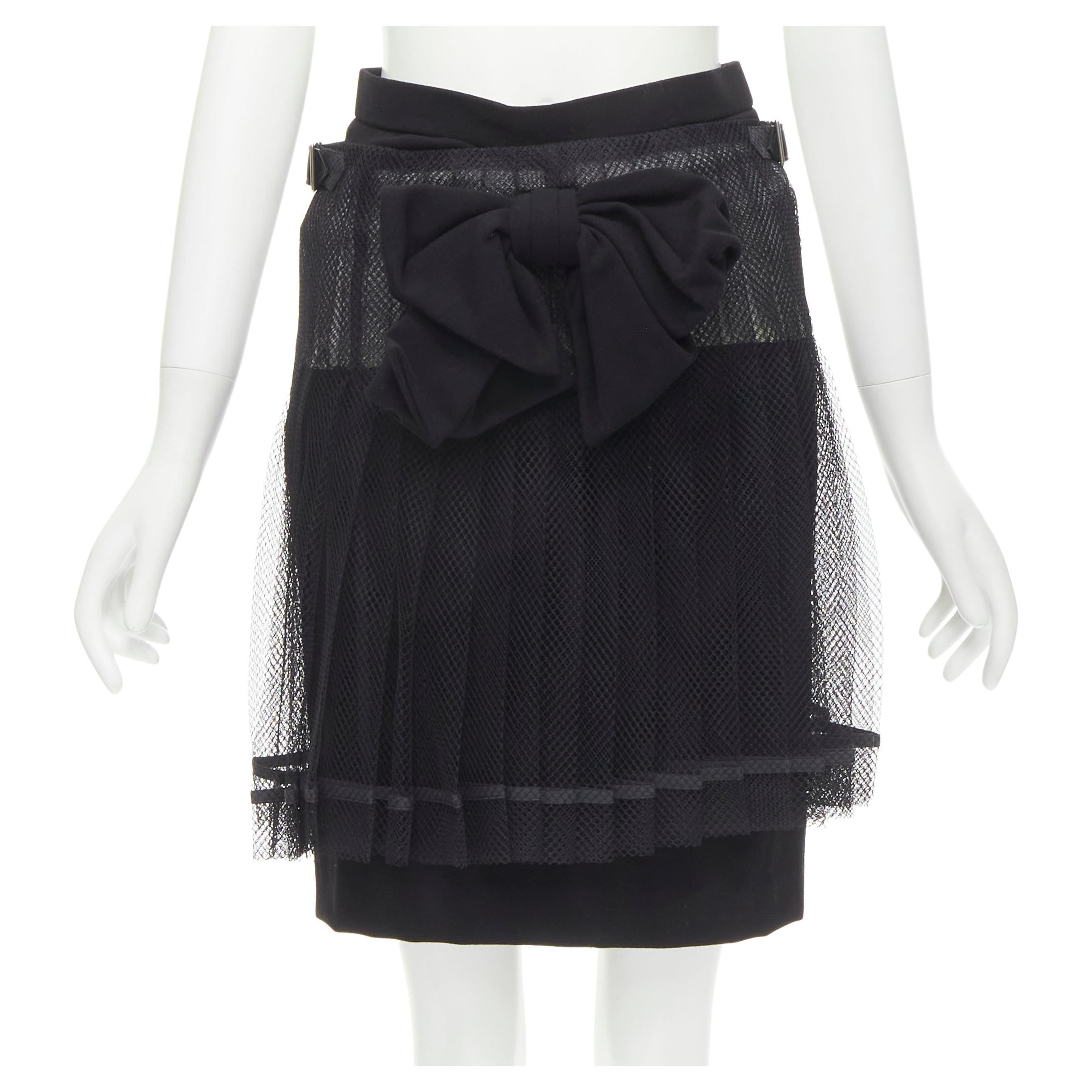 COMME DES GARCONS 2004 black XL bow buckle layered pleated net mesh skirt M For Sale