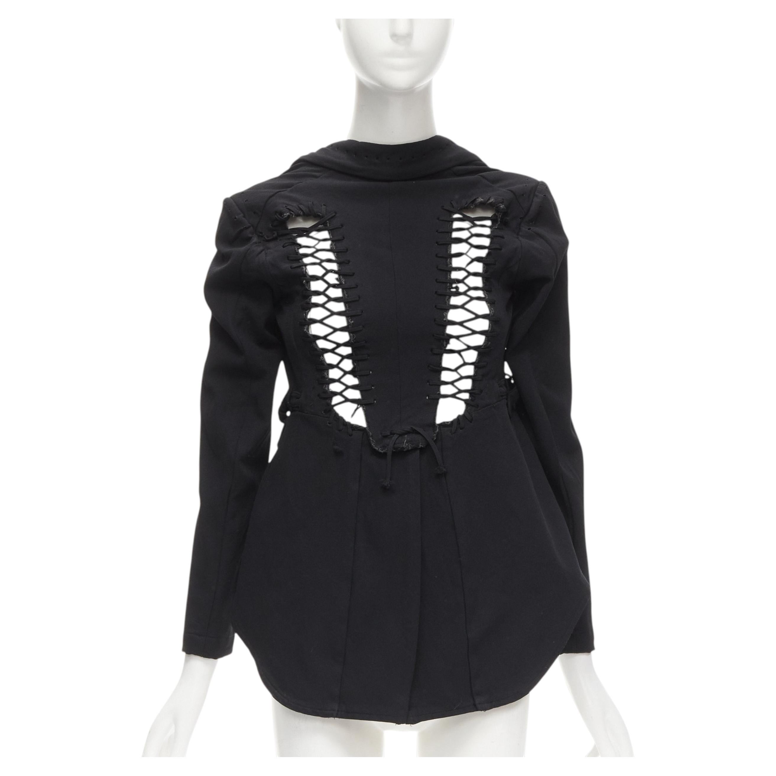 COMME DES GARCONS 2004 Runway black lace eyelet 2-way deconstructed jacket M For Sale