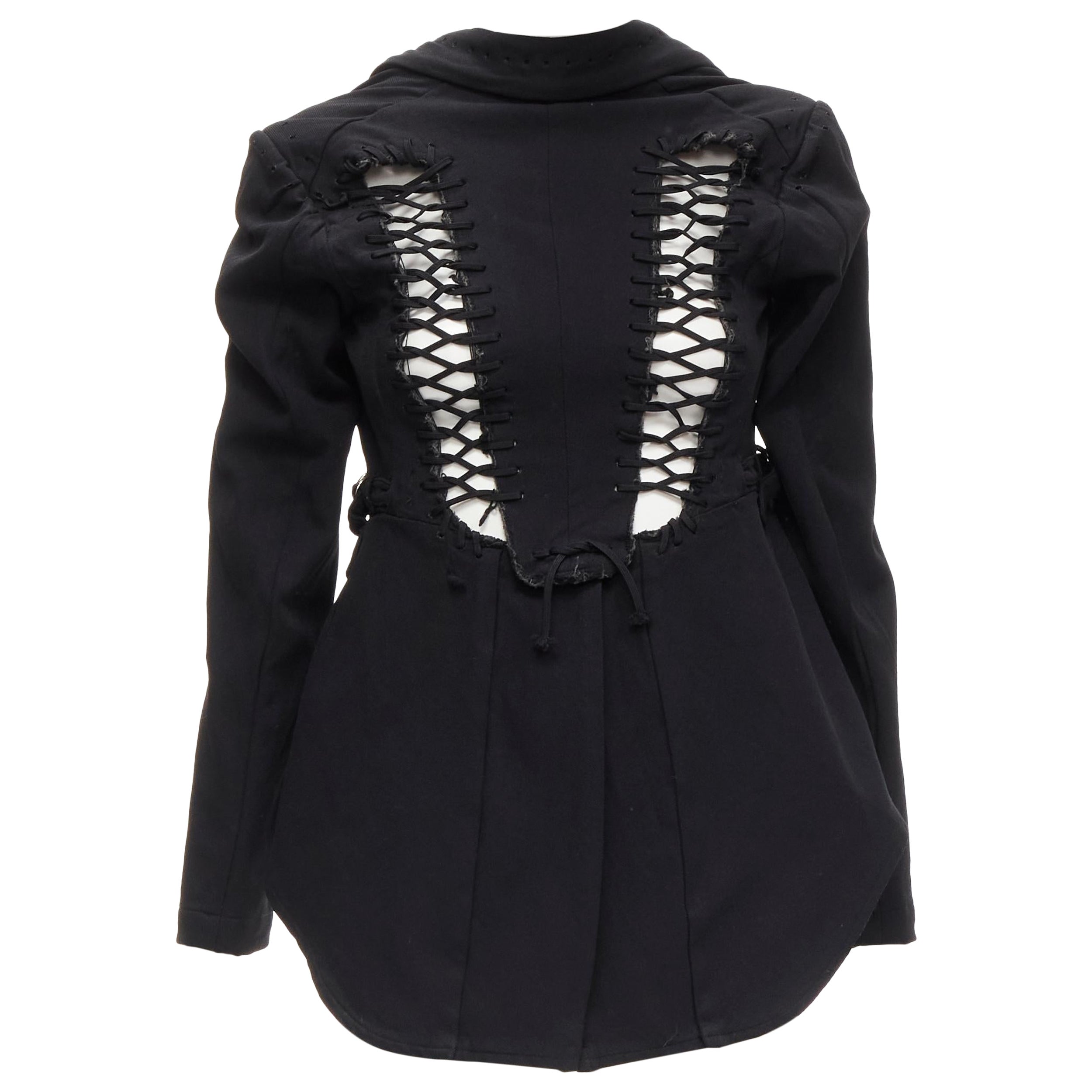 COMME DES GARCONS 2004 Giacca decostruita in pizzo nero con occhielli a 2 vie M