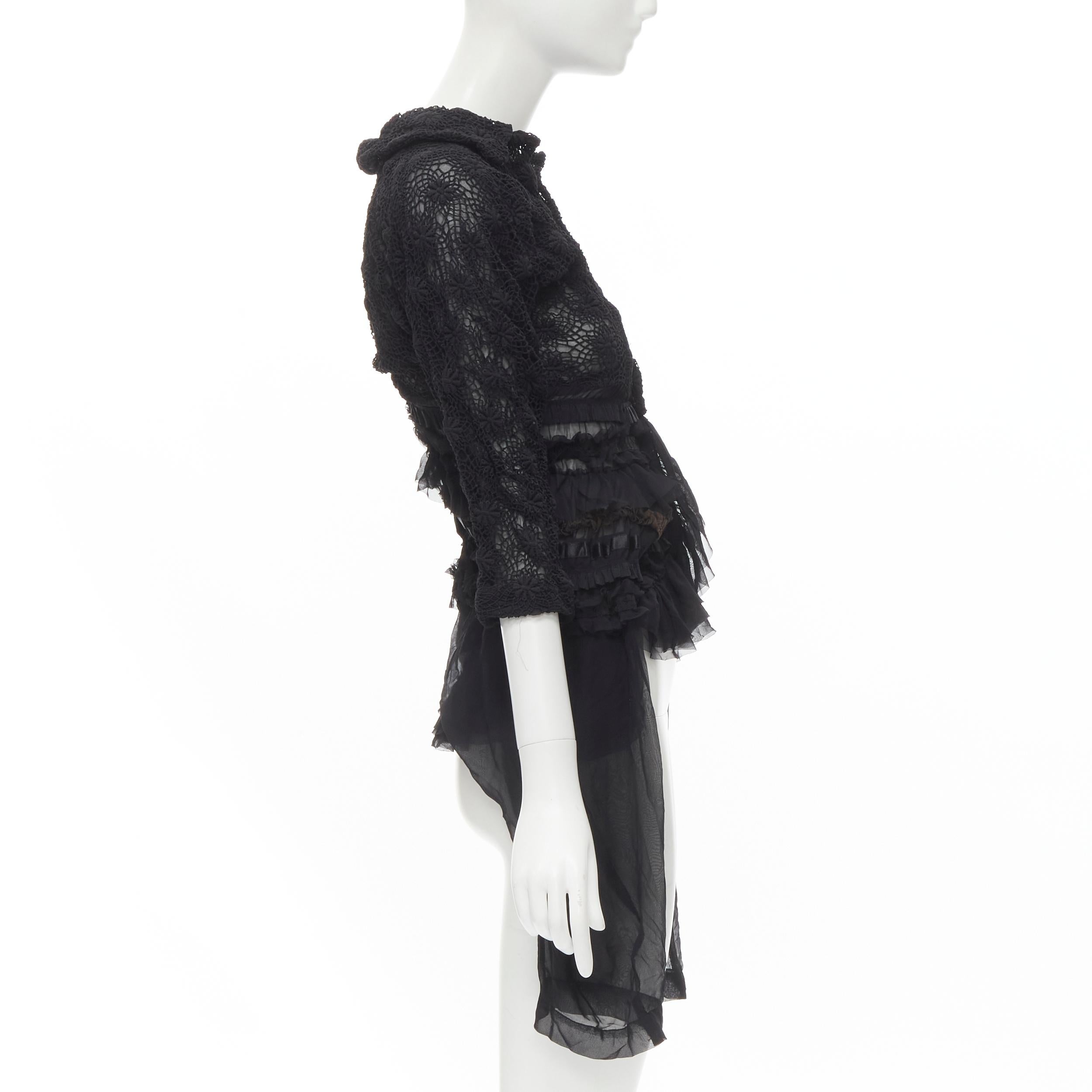 COMME DES GARCONS 2005 black floral crochet lace ruffle tiered hem jacket M In Excellent Condition In Hong Kong, NT