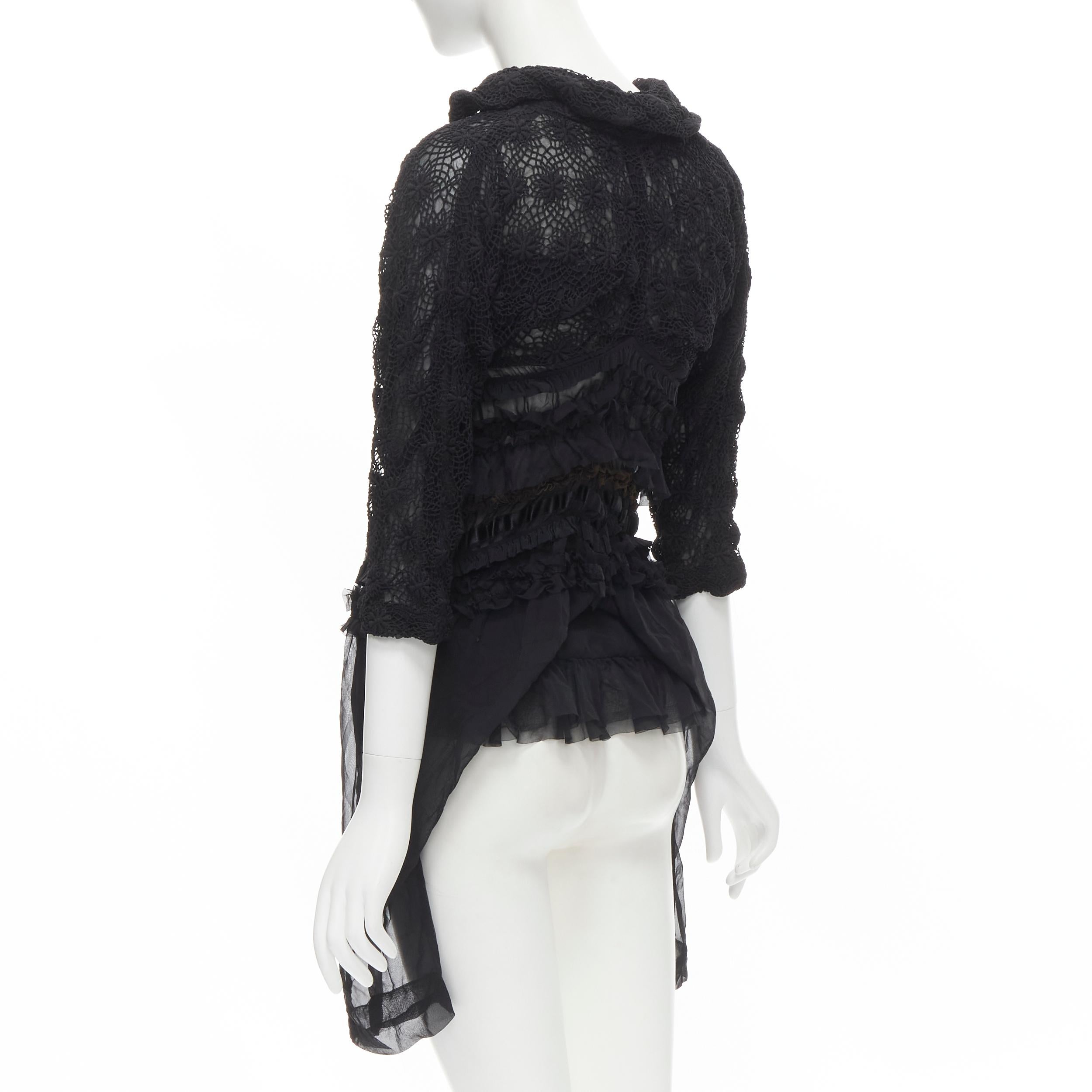 COMME DES GARCONS 2005 black floral crochet lace ruffle tiered hem jacket M 1