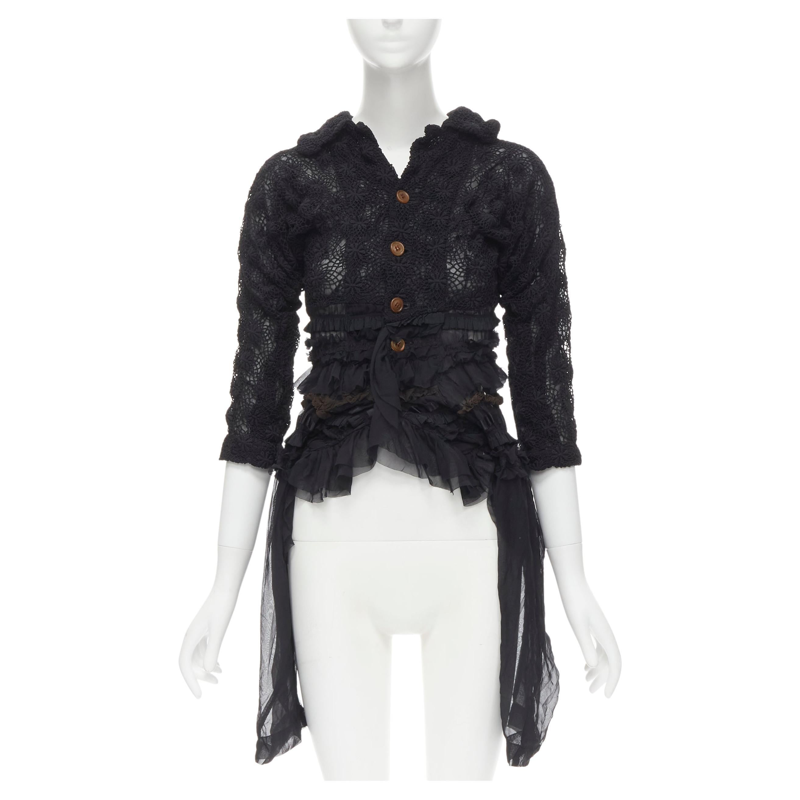 COMME DES GARCONS 2005 black floral crochet lace ruffle tiered hem jacket M