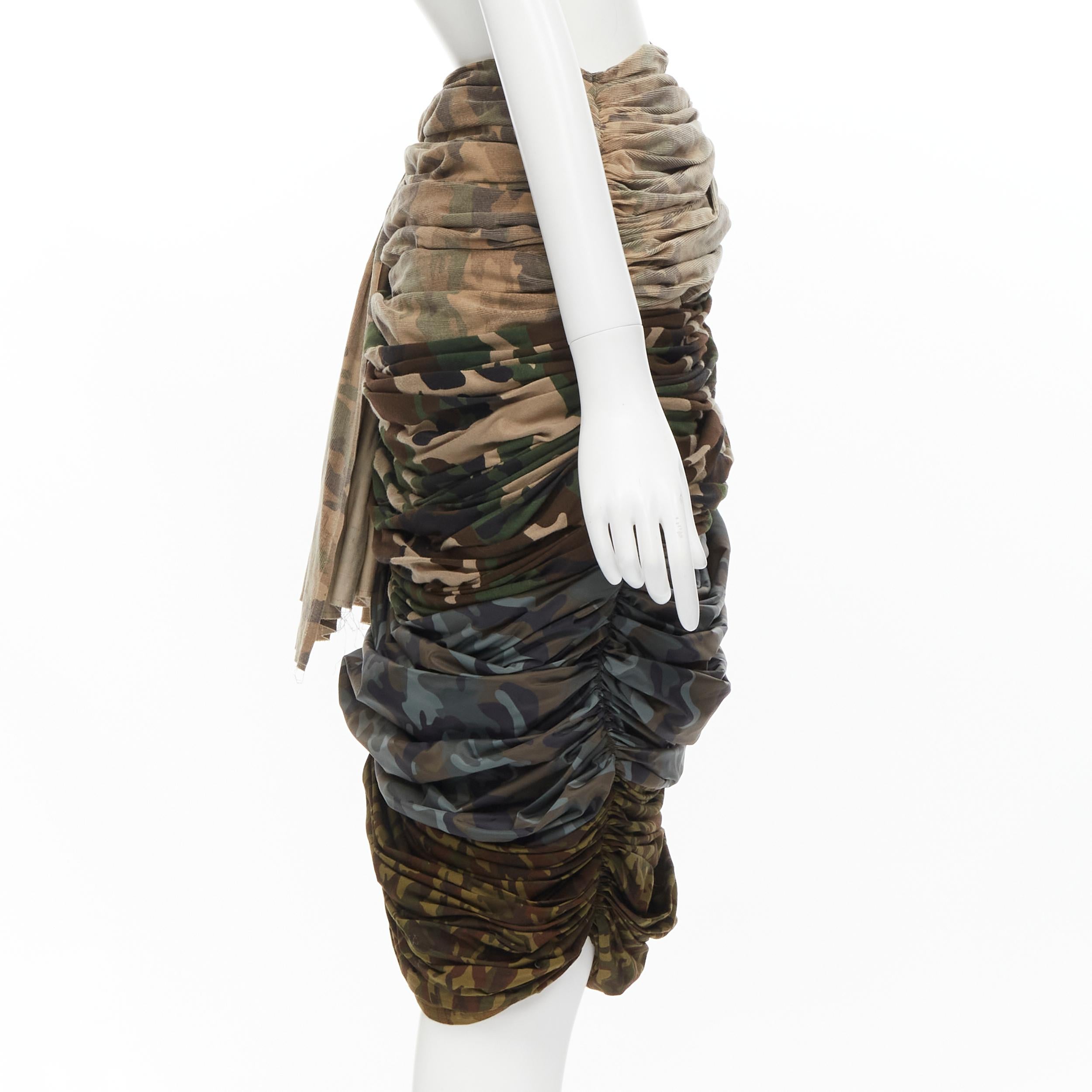 Black COMME DES GARCONS 2005 Runway mixed blue green camo ruched draped skirt XS For Sale