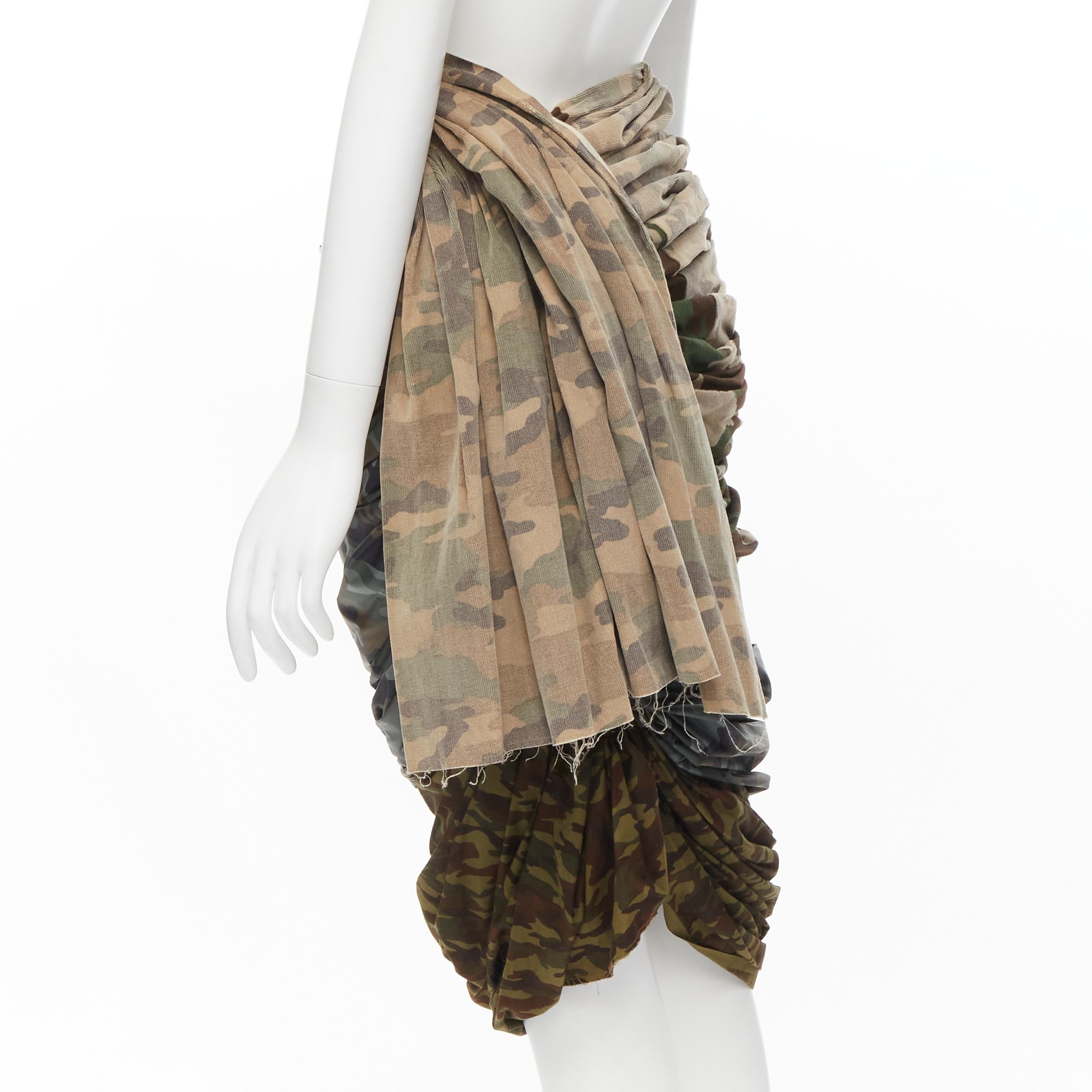 COMME DES GARCONS 2005 Runway mixed blue green camo ruched draped skirt XS In Excellent Condition For Sale In Hong Kong, NT
