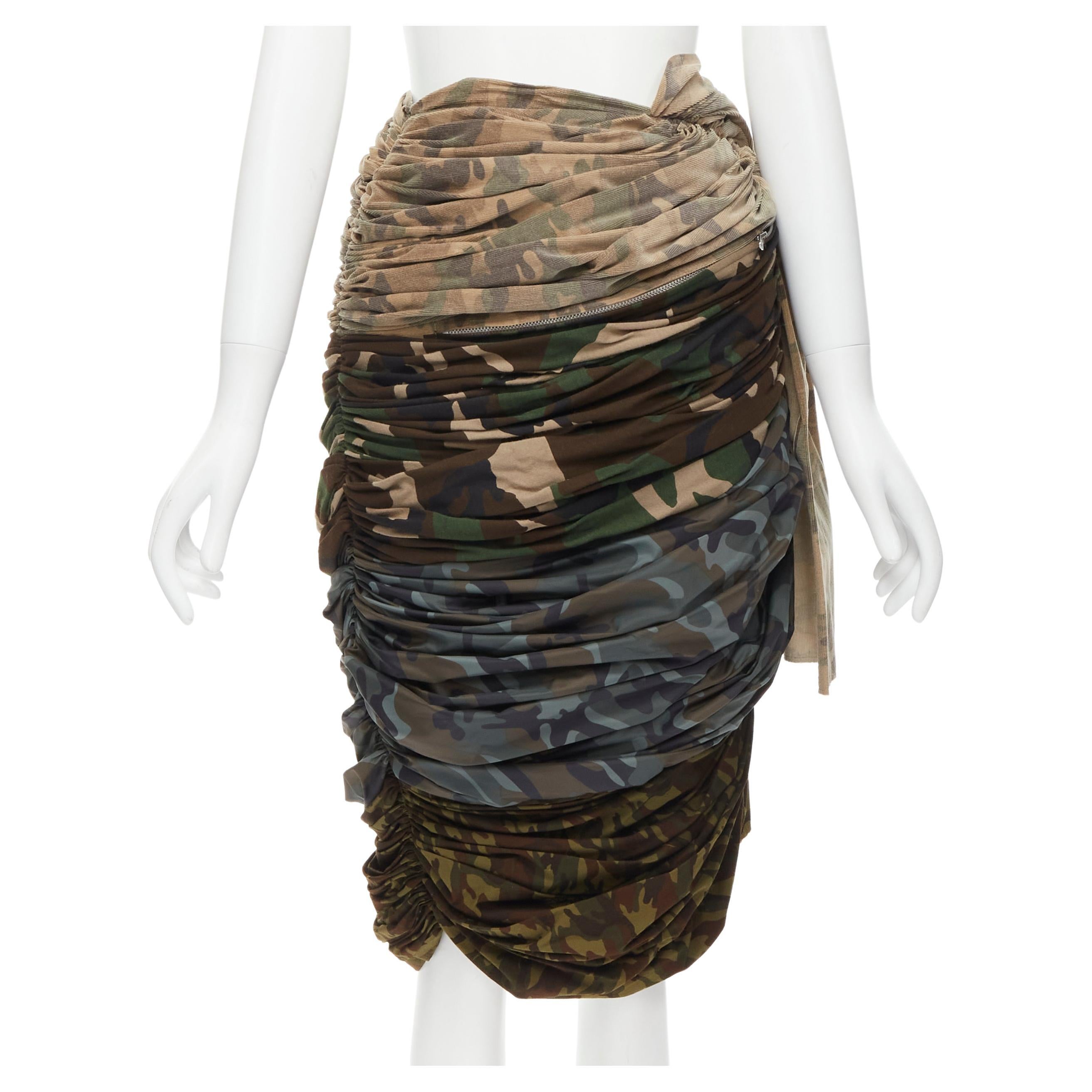 COMME DES GARCONS 2005 Runway mixed blue green camo ruched draped skirt XS For Sale