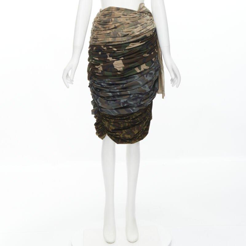COMME DES GARCONS 2005 Runway mixed cotton nylon blue green camo ruched skirt XS For Sale 7