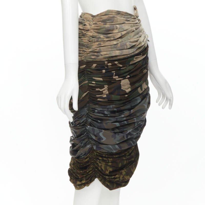 Black COMME DES GARCONS 2005 Runway mixed cotton nylon blue green camo ruched skirt XS For Sale