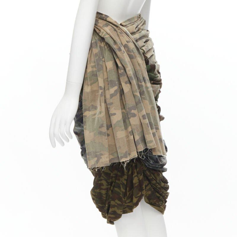 COMME DES GARCONS 2005 Runway mixed cotton nylon blue green camo ruched skirt XS For Sale 1