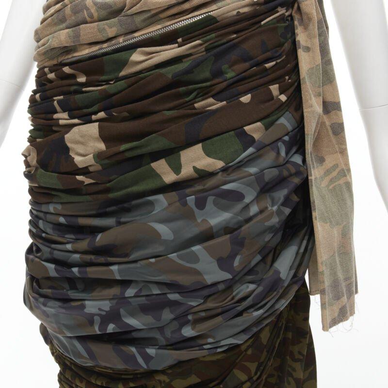 COMME DES GARCONS 2005 Runway mixed cotton nylon blue green camo ruched skirt XS For Sale 2