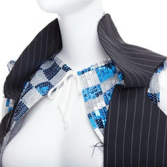 COMME DES GARCONS 2007 blue grey checkered sequin wool trim vest XS