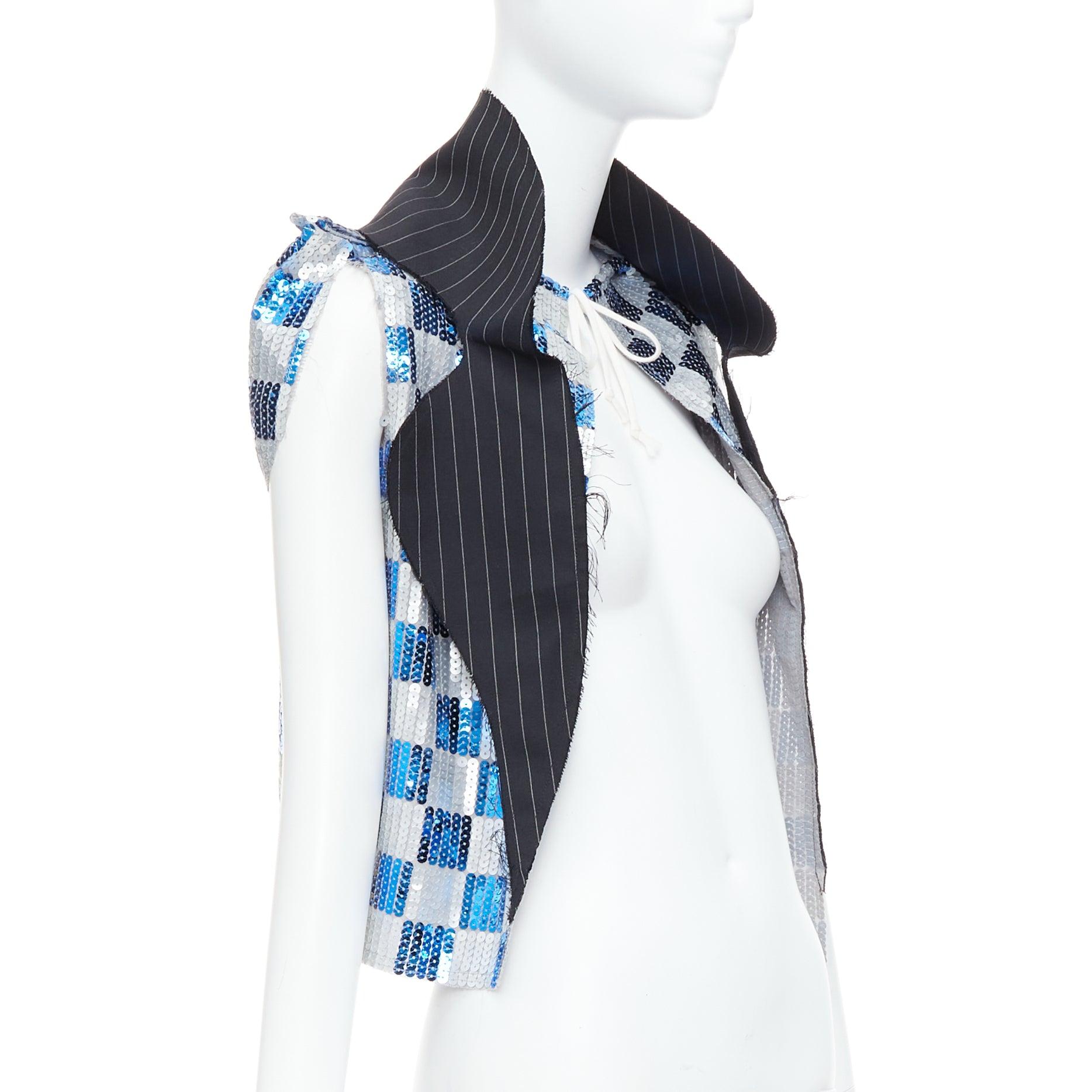 Gray COMME DES GARCONS 2007 blue grey checkered sequin wool trim vest XS For Sale