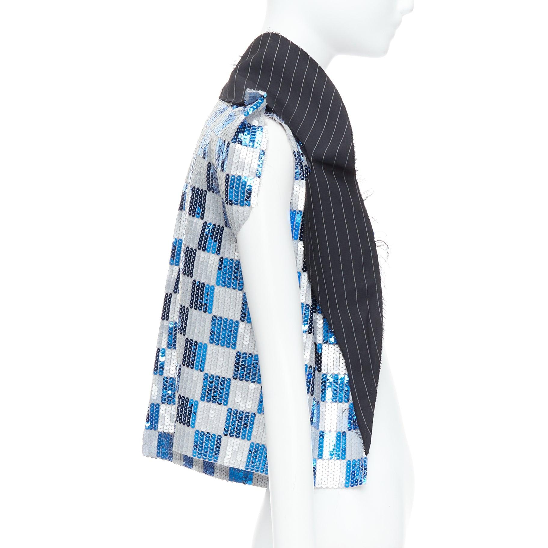 COMME DES GARCONS 2007 blue grey checkered sequin wool trim vest XS In Excellent Condition For Sale In Hong Kong, NT