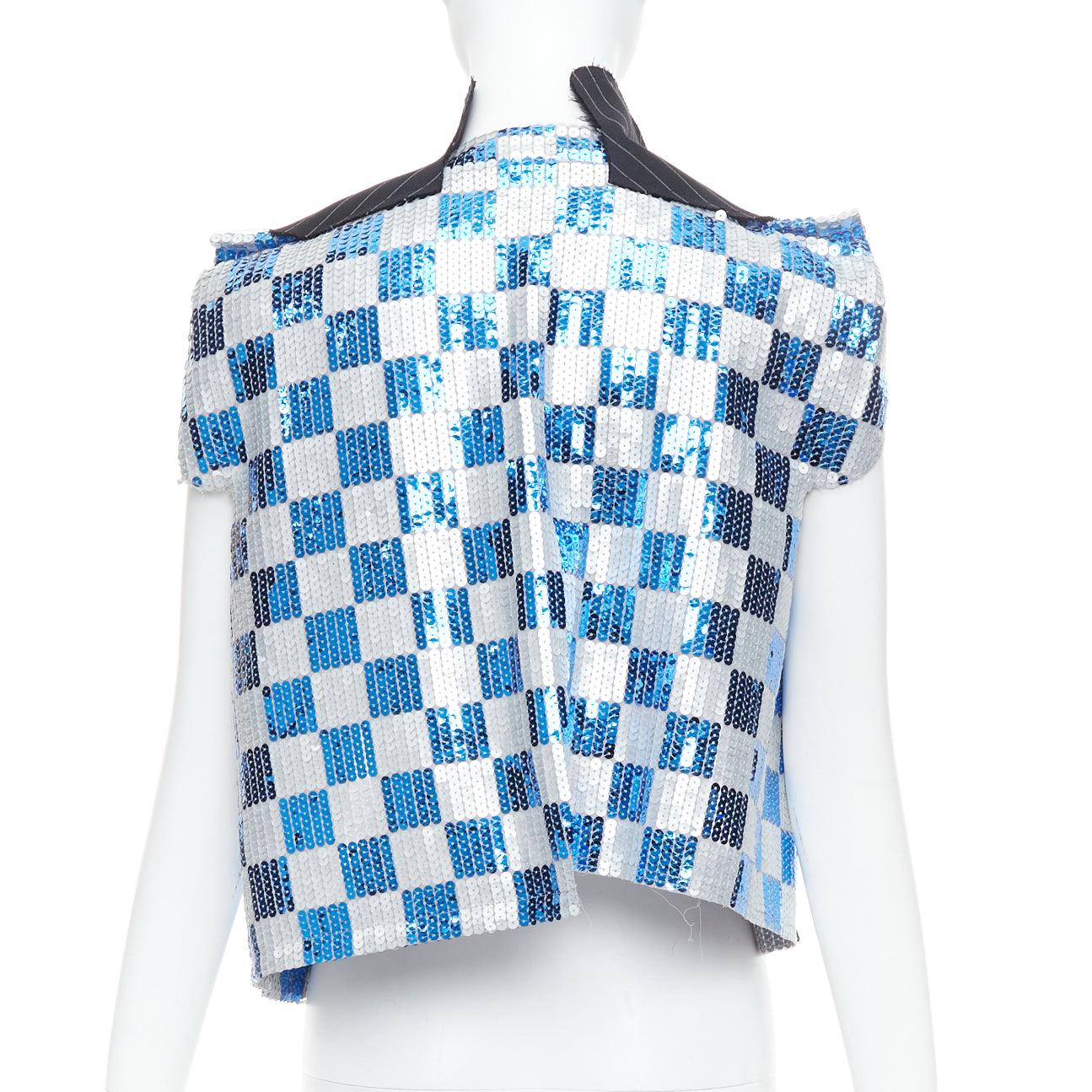 Women's COMME DES GARCONS 2007 blue grey checkered sequin wool trim vest XS For Sale