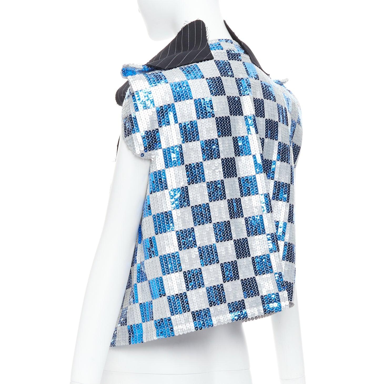 COMME DES GARCONS 2007 blue grey checkered sequin wool trim vest XS For Sale 1