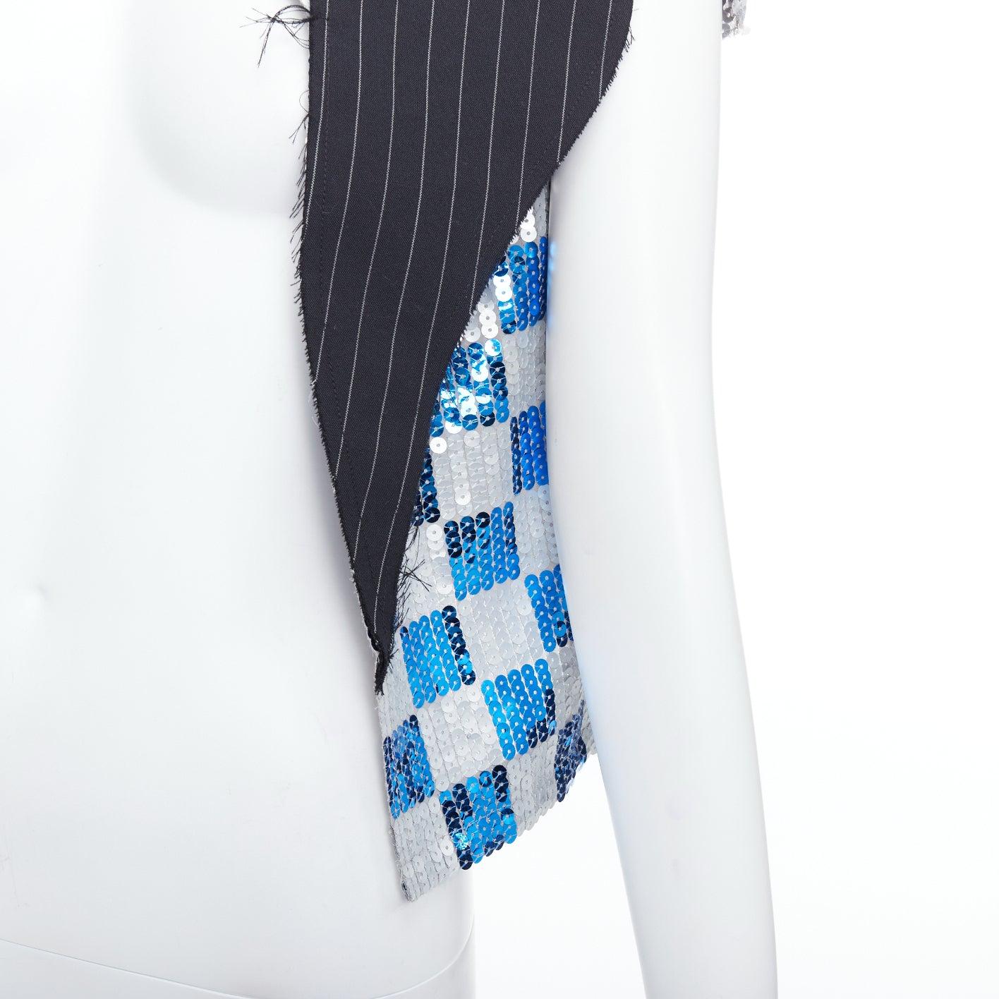 COMME DES GARCONS 2007 blue grey checkered sequin wool trim vest XS For Sale 2