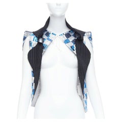 COMME DES GARCONS 2007 blue grey checkered sequin wool trim vest XS