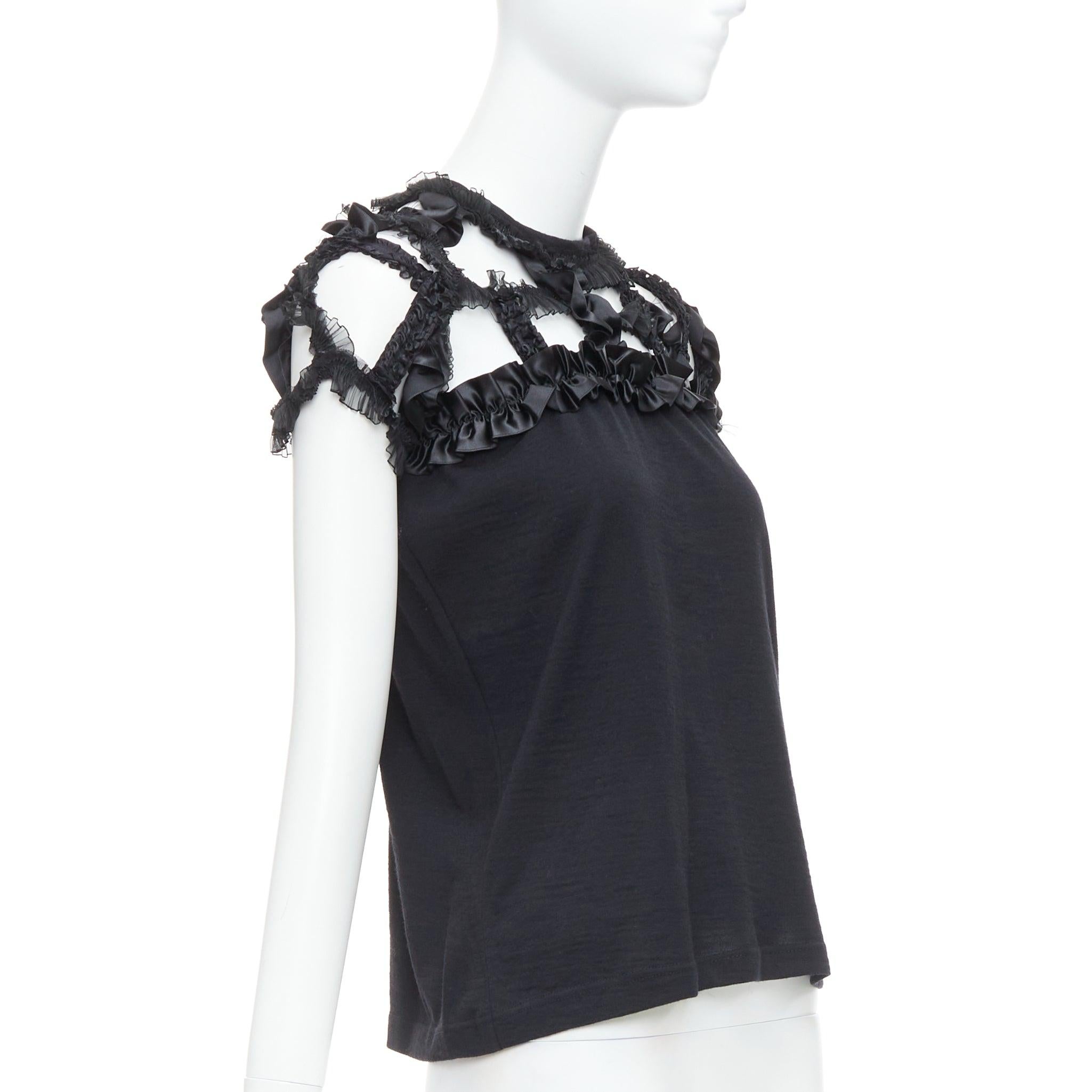 Black COMME DES GARCONS 2008 black wool ruffle cut out crew top S For Sale
