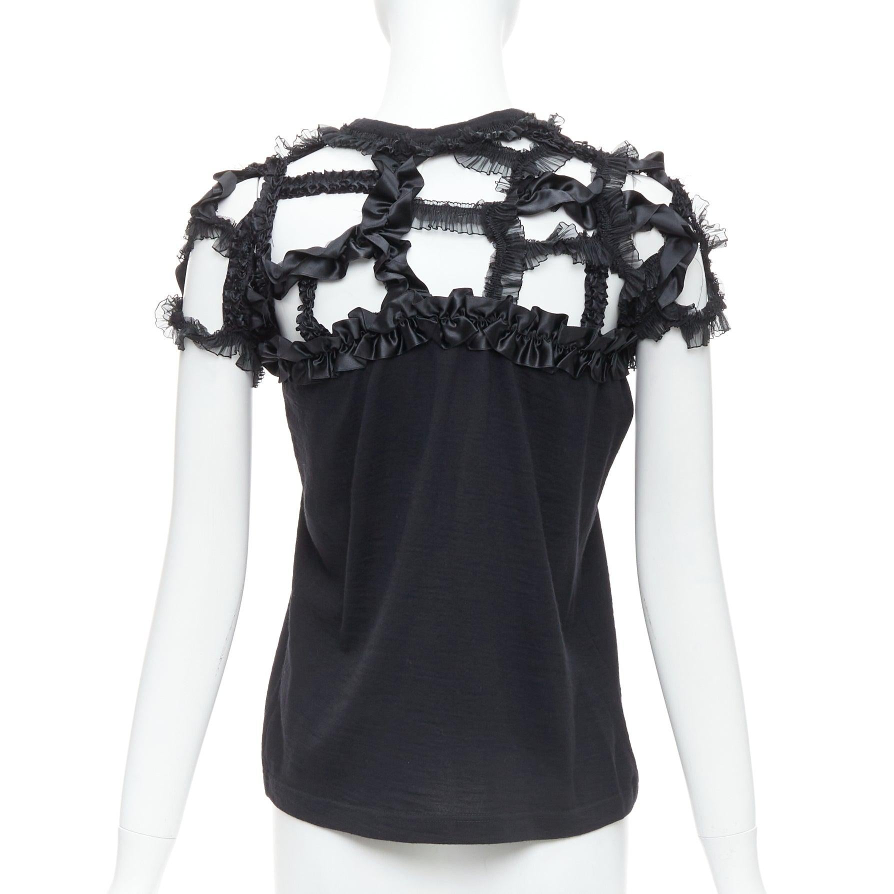 Women's COMME DES GARCONS 2008 black wool ruffle cut out crew top S For Sale