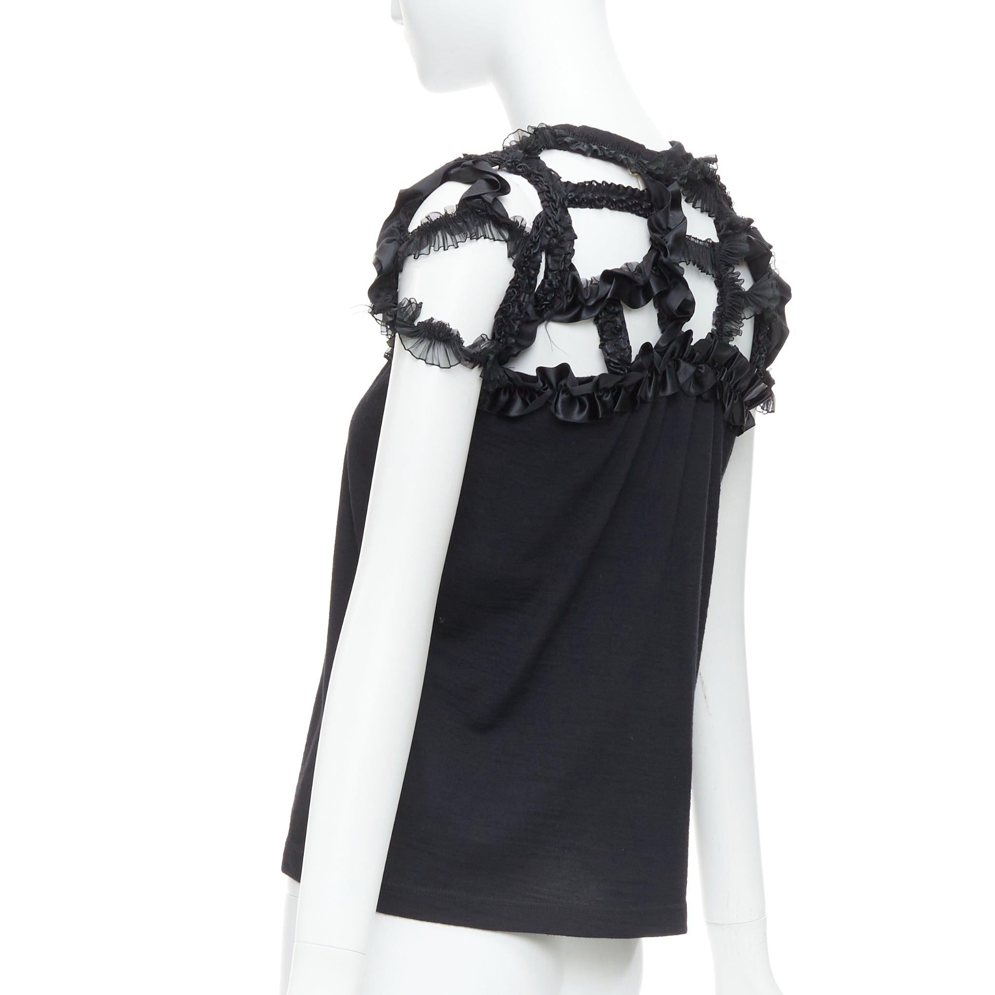COMME DES GARCONS 2008 black wool ruffle cut out crew top S For Sale 1