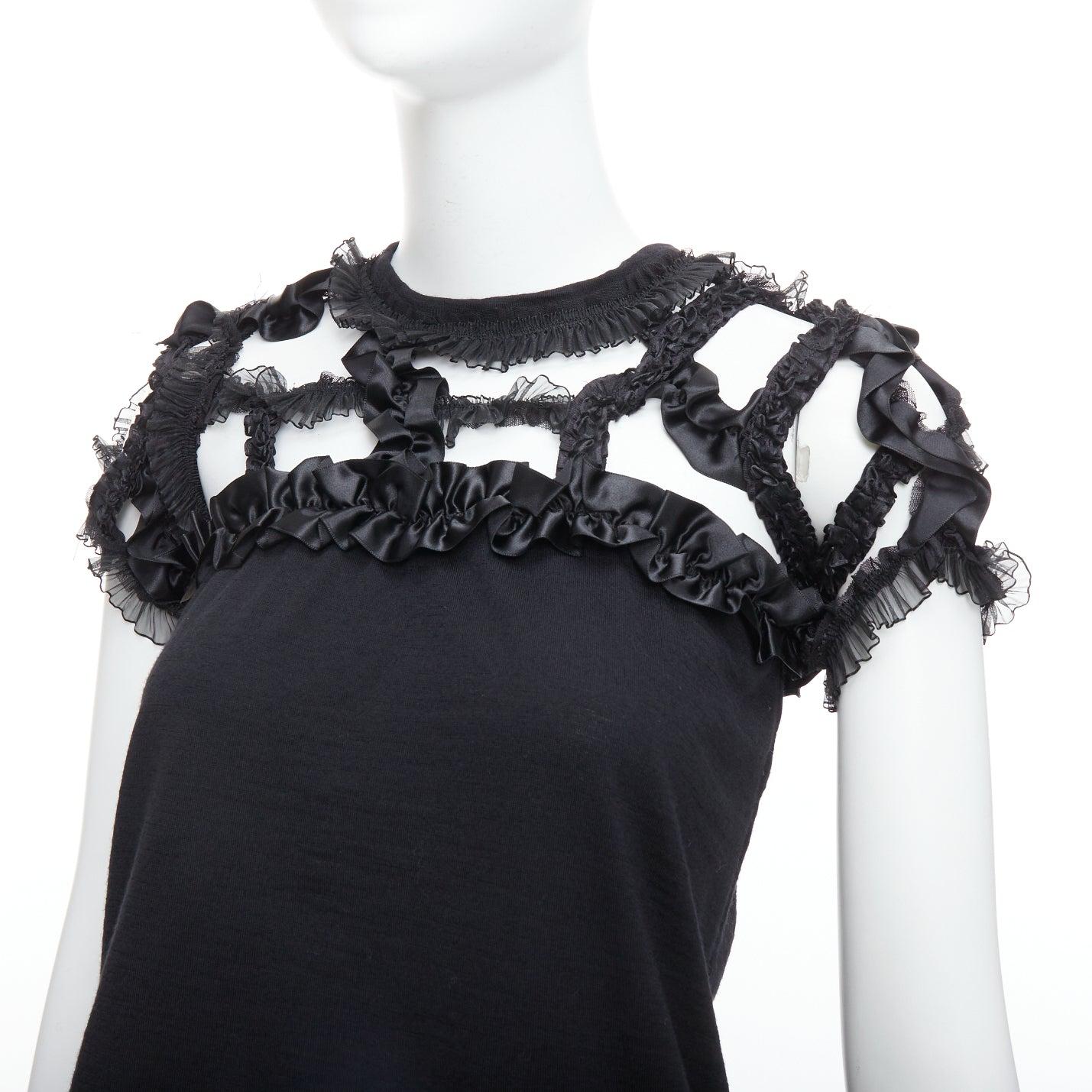 COMME DES GARCONS 2008 black wool ruffle cut out crew top S For Sale 2