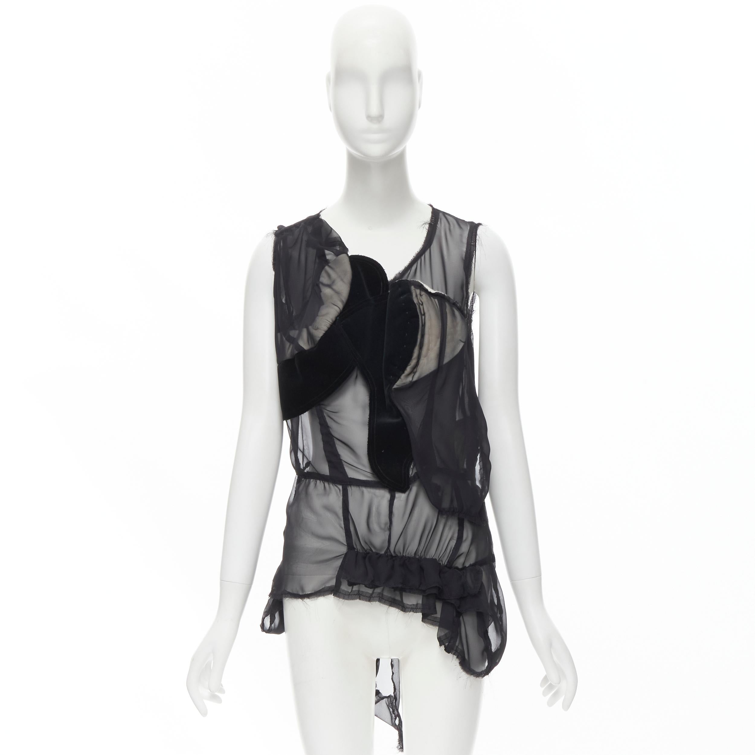COMME DES GARCONS 2009 black sheer velvet patchwork bumps raw sleeveless vest M For Sale 6