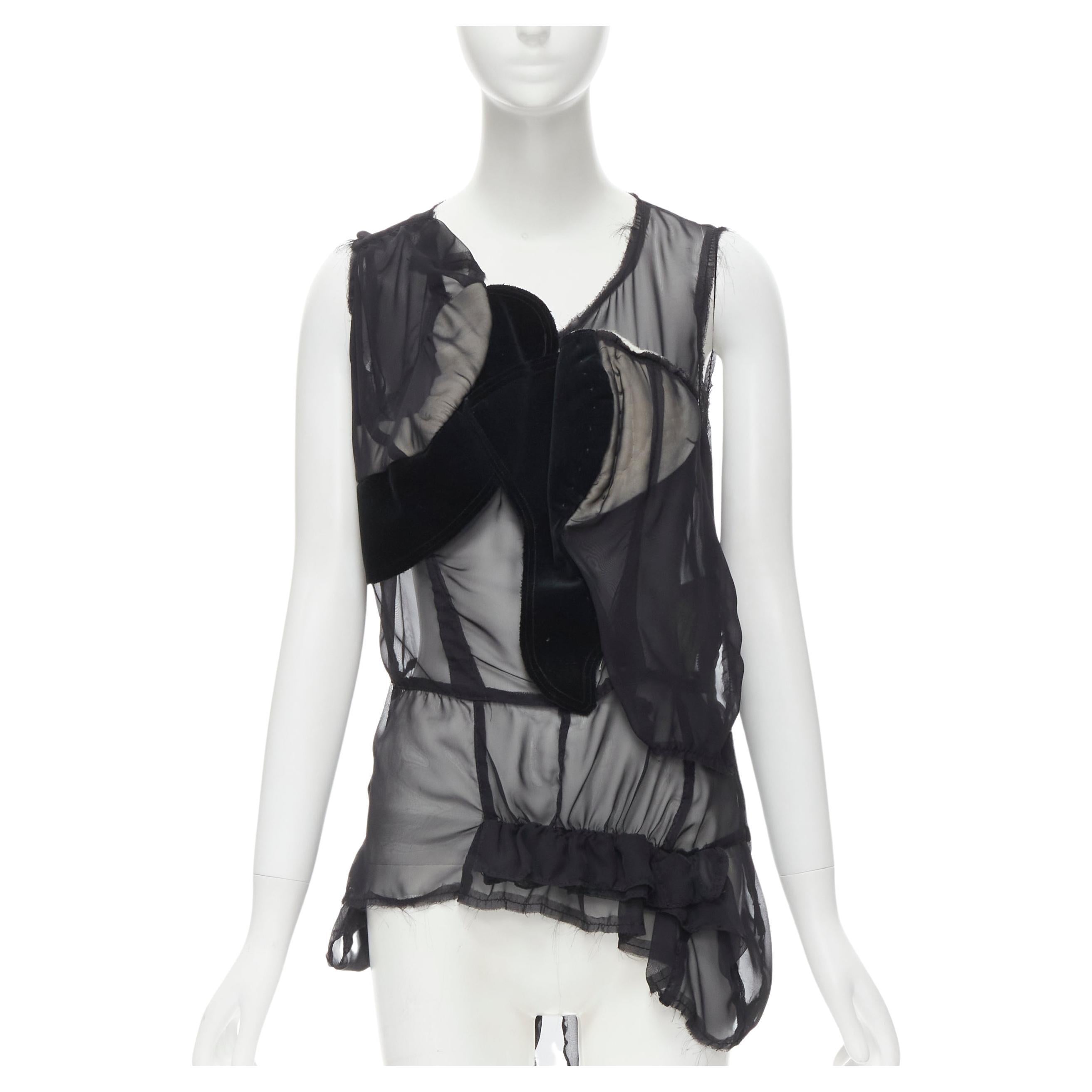 COMME DES GARCONS 2009 black sheer velvet patchwork bumps raw sleeveless vest M For Sale